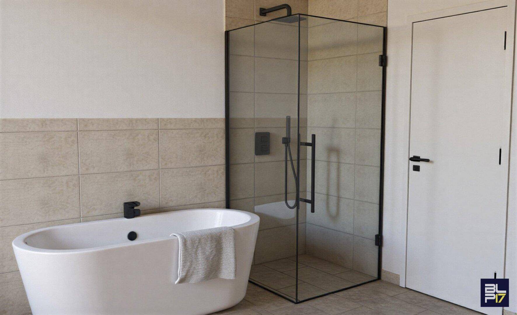 Modernes Badezimmer mit freistehender Badewanne und großer Duschkabine.