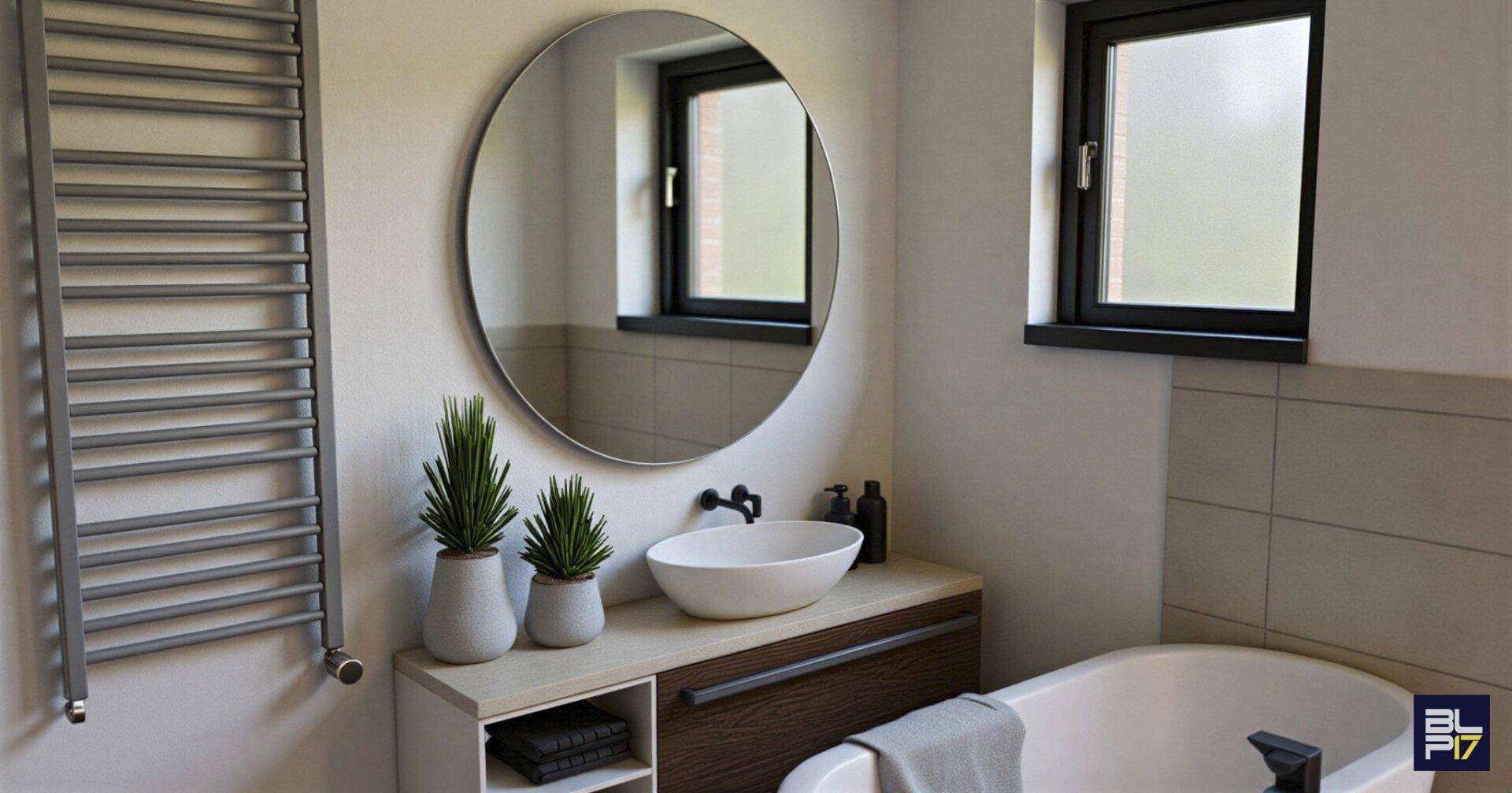 Modernes Badezimmer mit rundem Spiegel, Waschbecken und beheiztem Handtuchhalter.