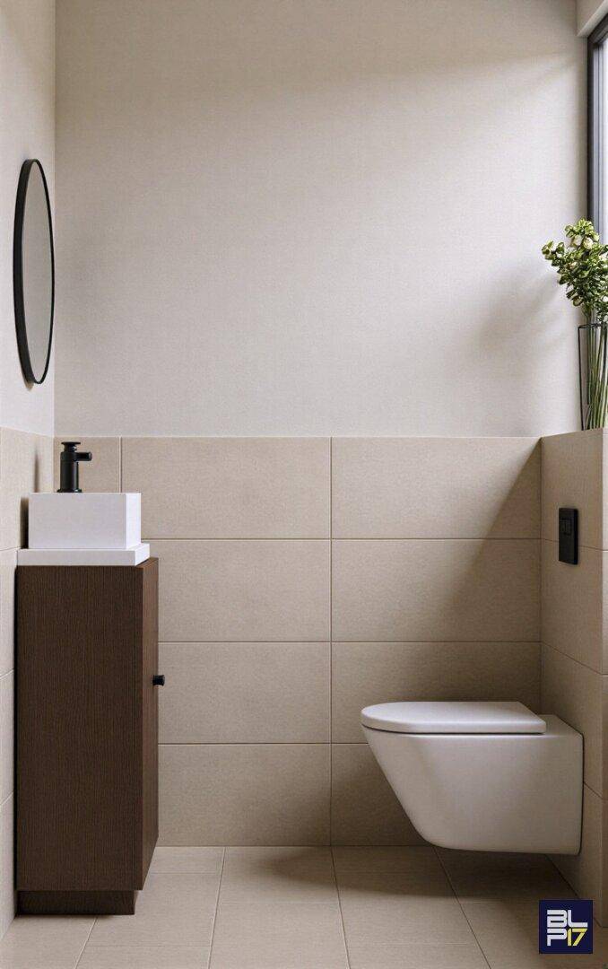 Modernes Gäste-WC mit wandhängendem WC und minimalistischem Waschbecken.