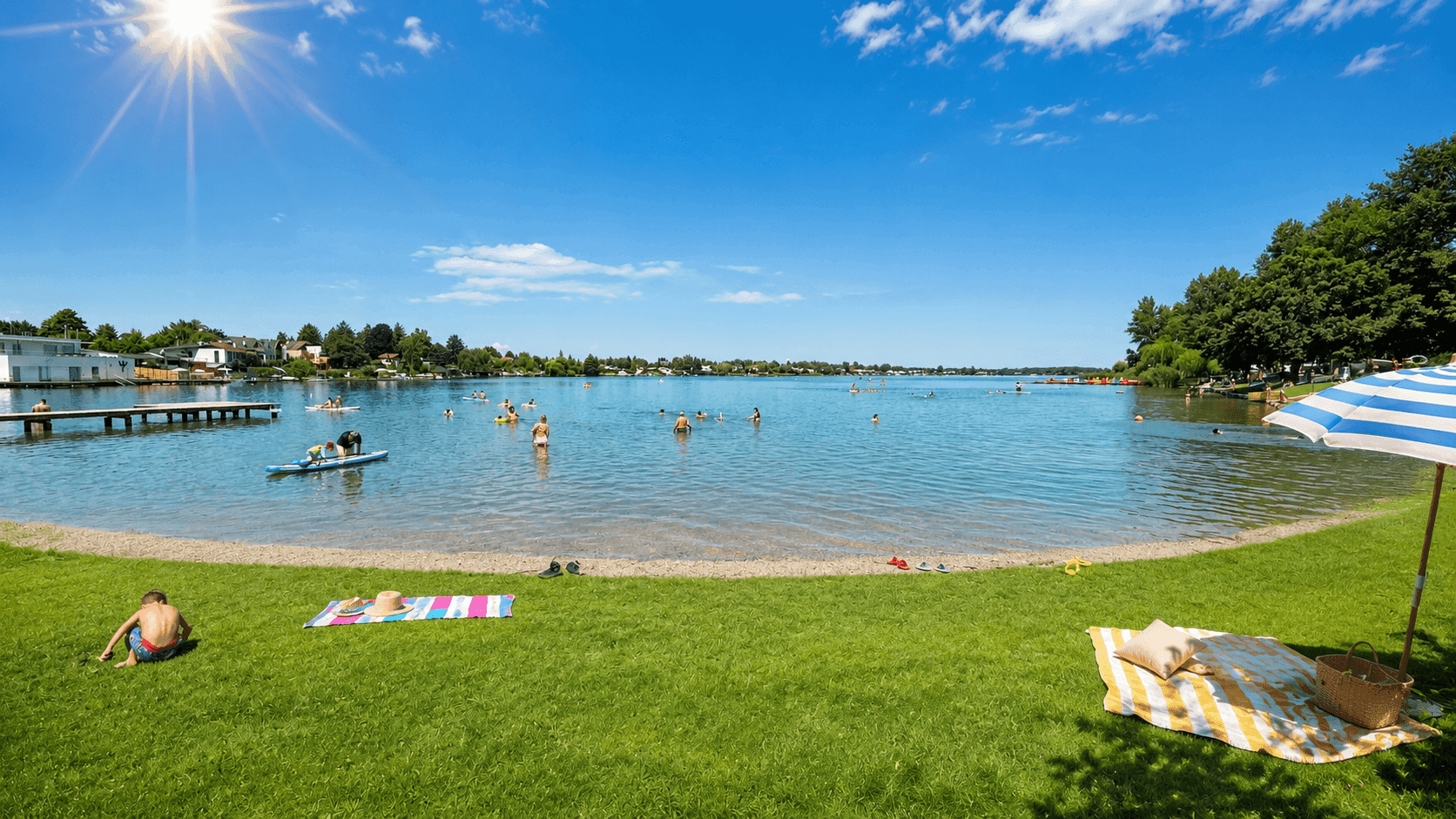Malerischer Seeblick mit Badegästen am Ufer und einer weitläufigen Grünfläche unter blauem Himmel.