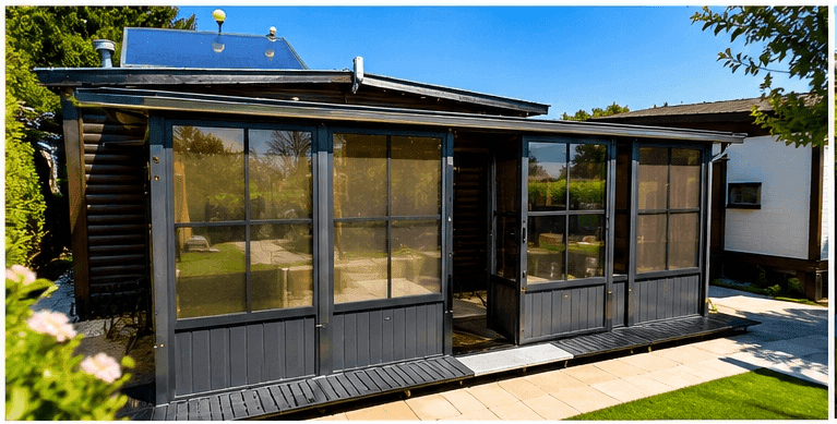 Verglaster Wintergartenanbau an einem Holzhaus mit Solarpaneelen auf dem Dach und gepflastertem Bereich.