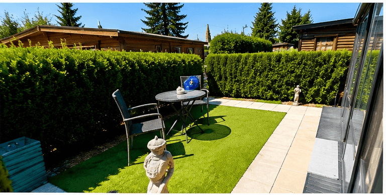 Gemütlicher Gartenbereich mit Kunstrasen, kleiner Sitzgruppe und hoher Hecke, umgeben von weiteren Holzhäusern.