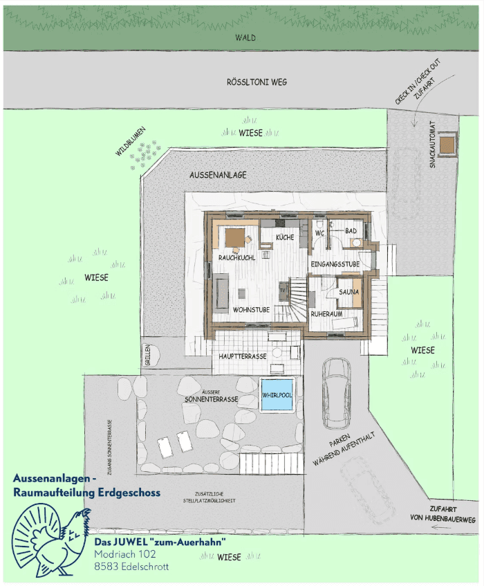 Grundriss des Erdgeschosses mit Wohnstube, Küche, Sauna und Terrasse.