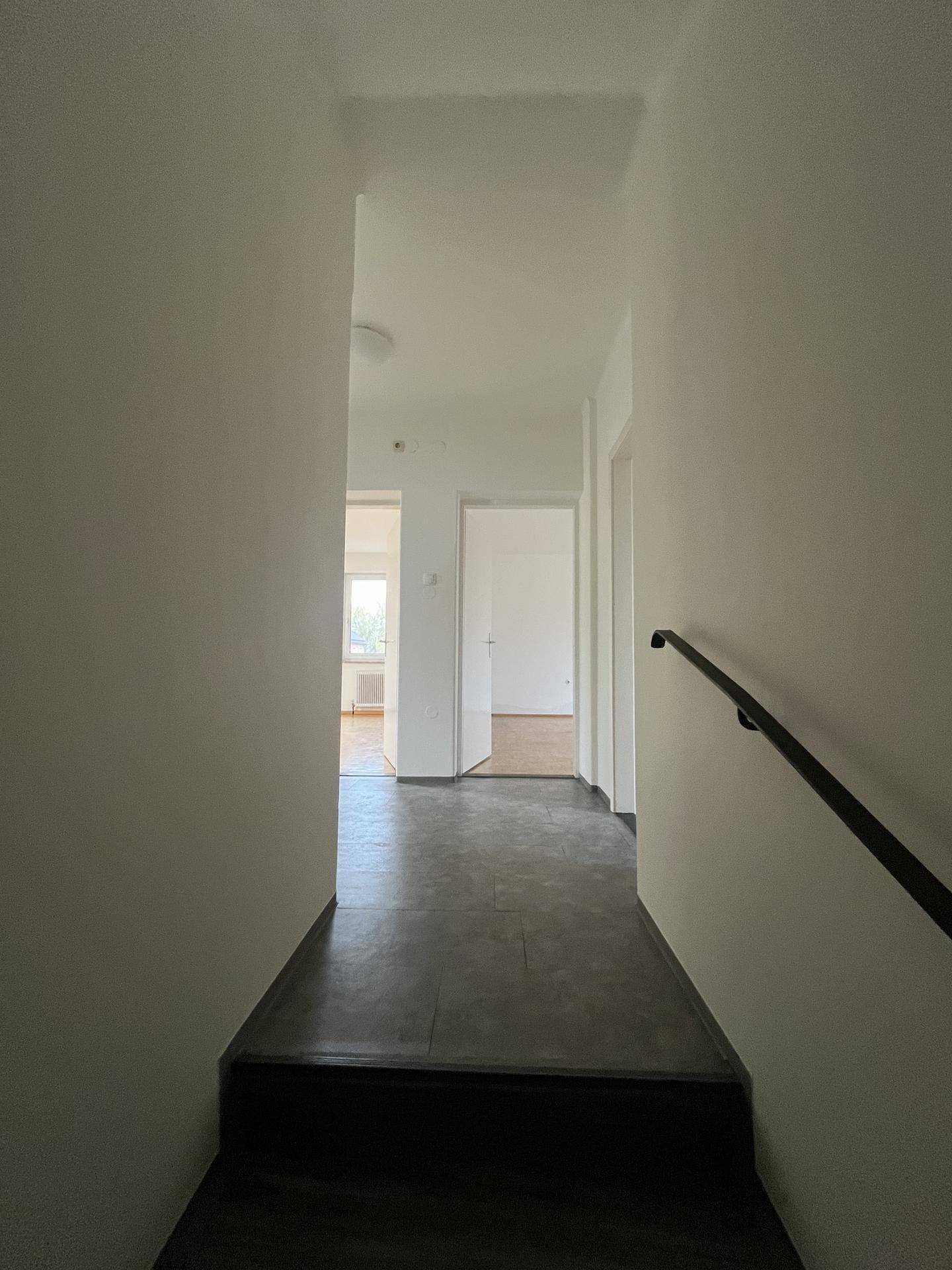 Treppenaufgang mit dunklem Boden und Handlauf, der zu weiteren Räumen führt.