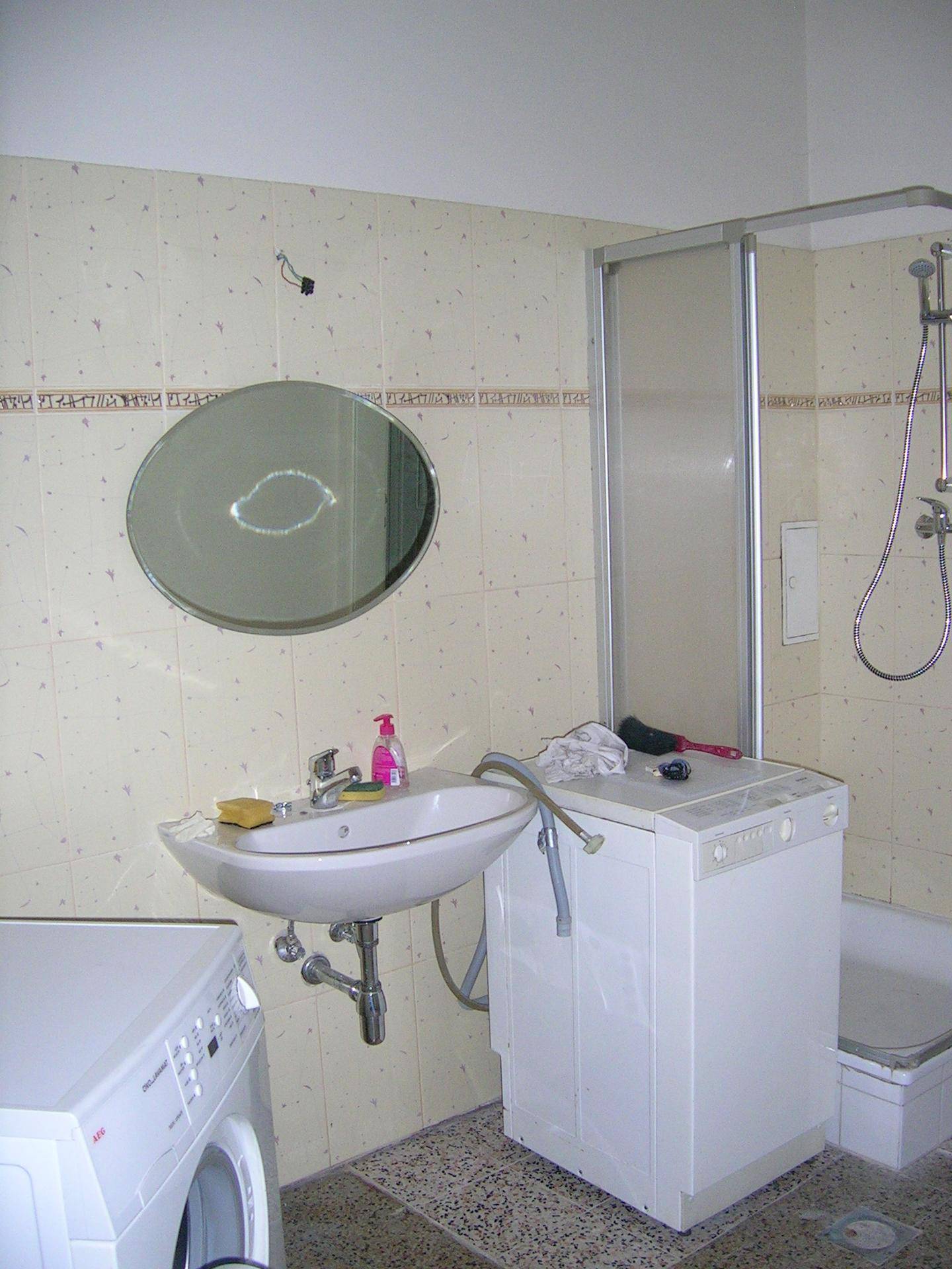 Badezimmer mit Waschbecken, Spiegel, Duschkabine und zwei Waschmaschinen.