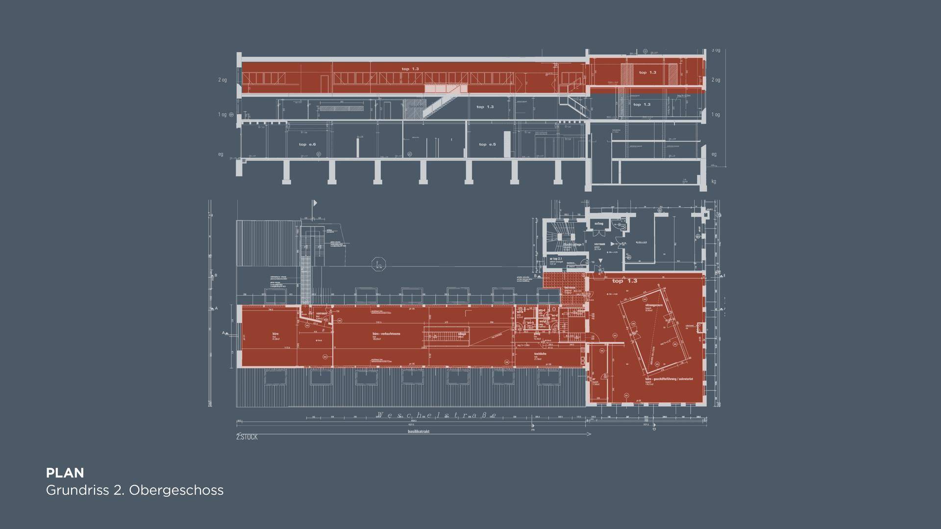 Grundriss des zweiten Obergeschosses mit rot markierten Nutzflächen und strukturiertem Layout.