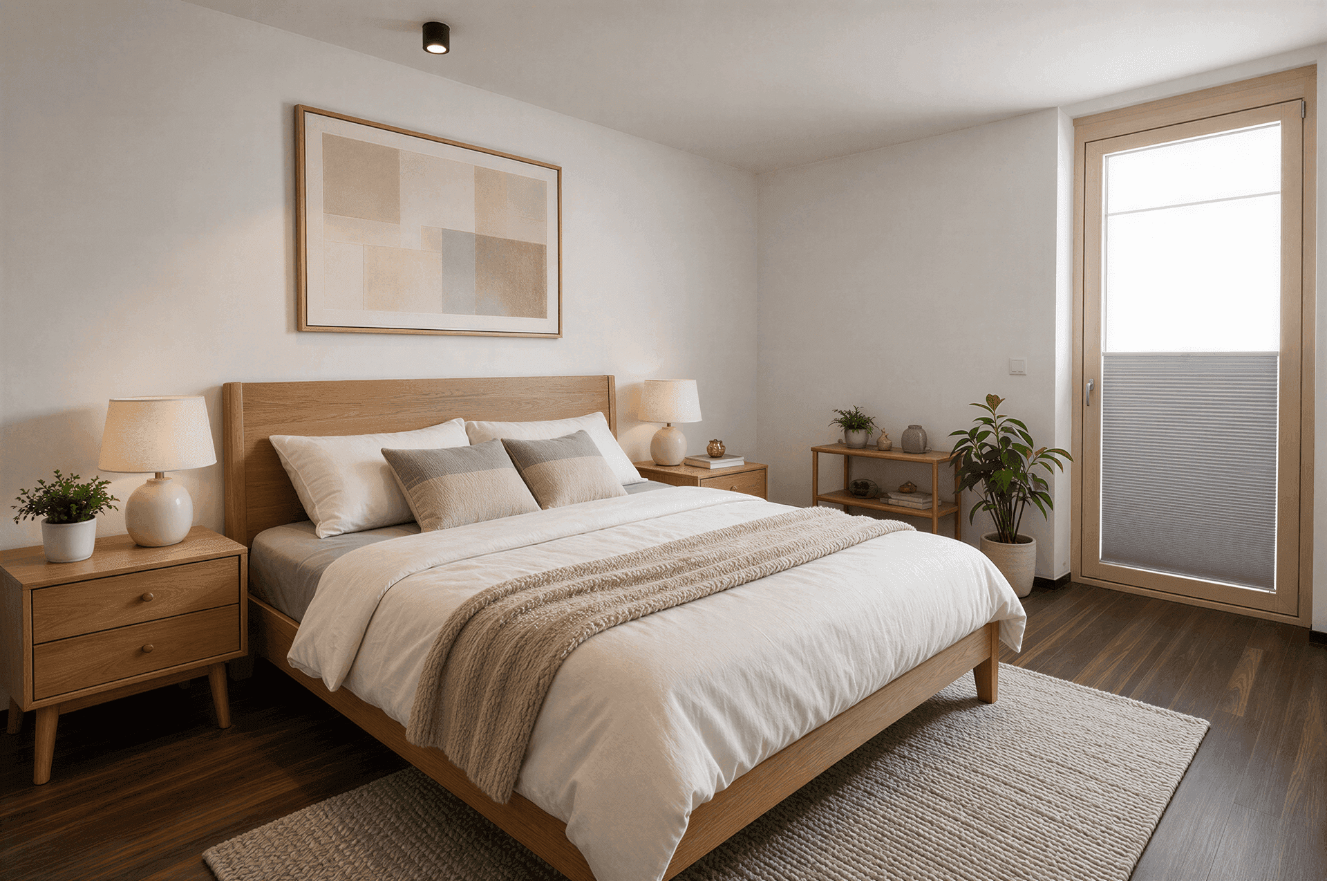 Helles Schlafzimmer mit Holzbett, Nachttischen und Zugang zu einem französischen Balkon.