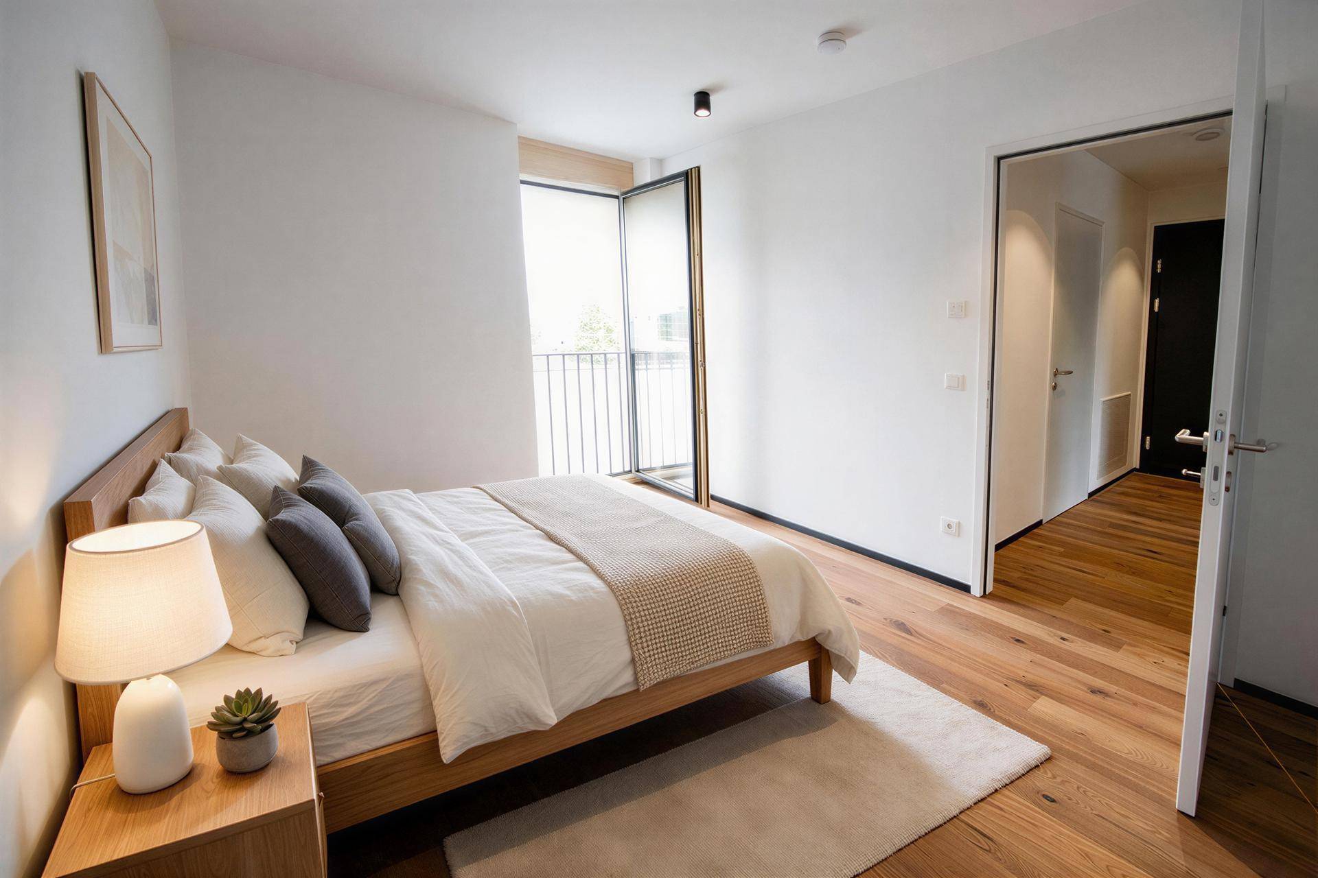 Gemütliches Schlafzimmer mit Holzbett, Nachttisch und Zugang zu einem französischen Balkon.