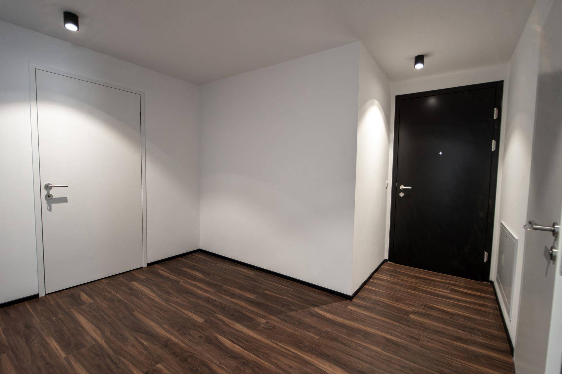 Heller Eingangsbereich mit dunklem Holzboden und modernen Türen.