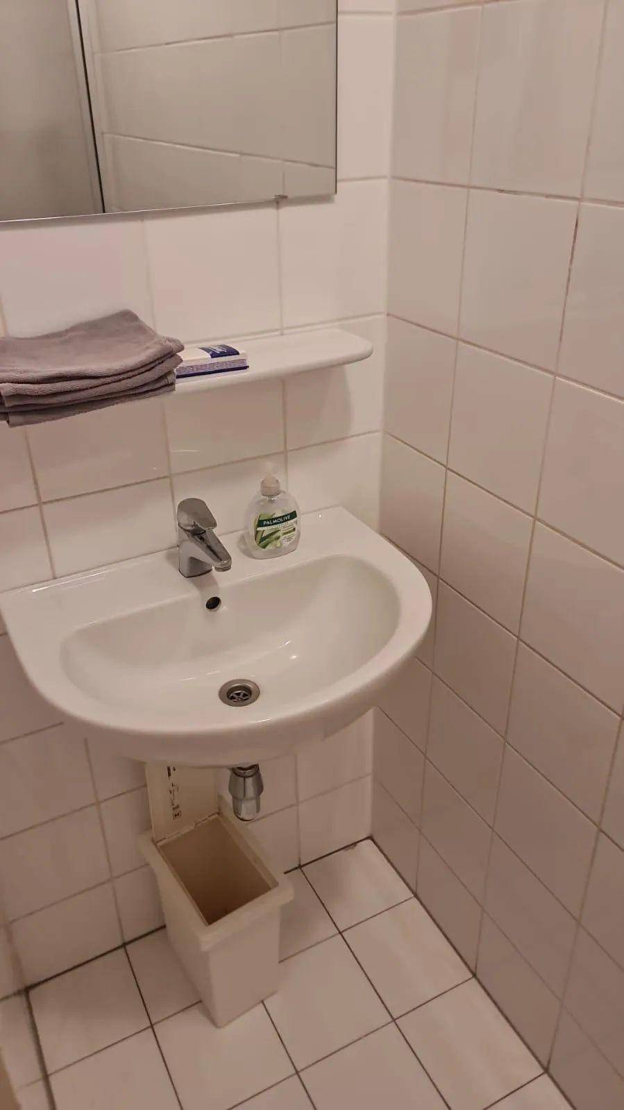 Waschbeckenbereich in einem kleinen Badezimmer mit Spiegel, Regal und weißen Fliesen.