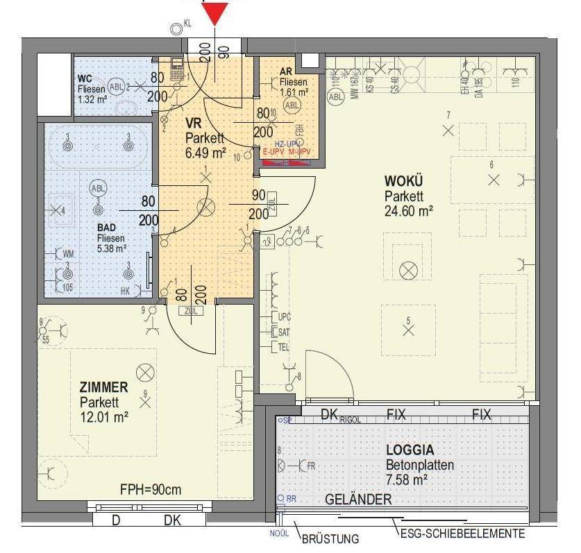 Detaillierter Grundriss einer Wohnung mit Wohnküche, Schlafzimmer, Bad und Loggia.