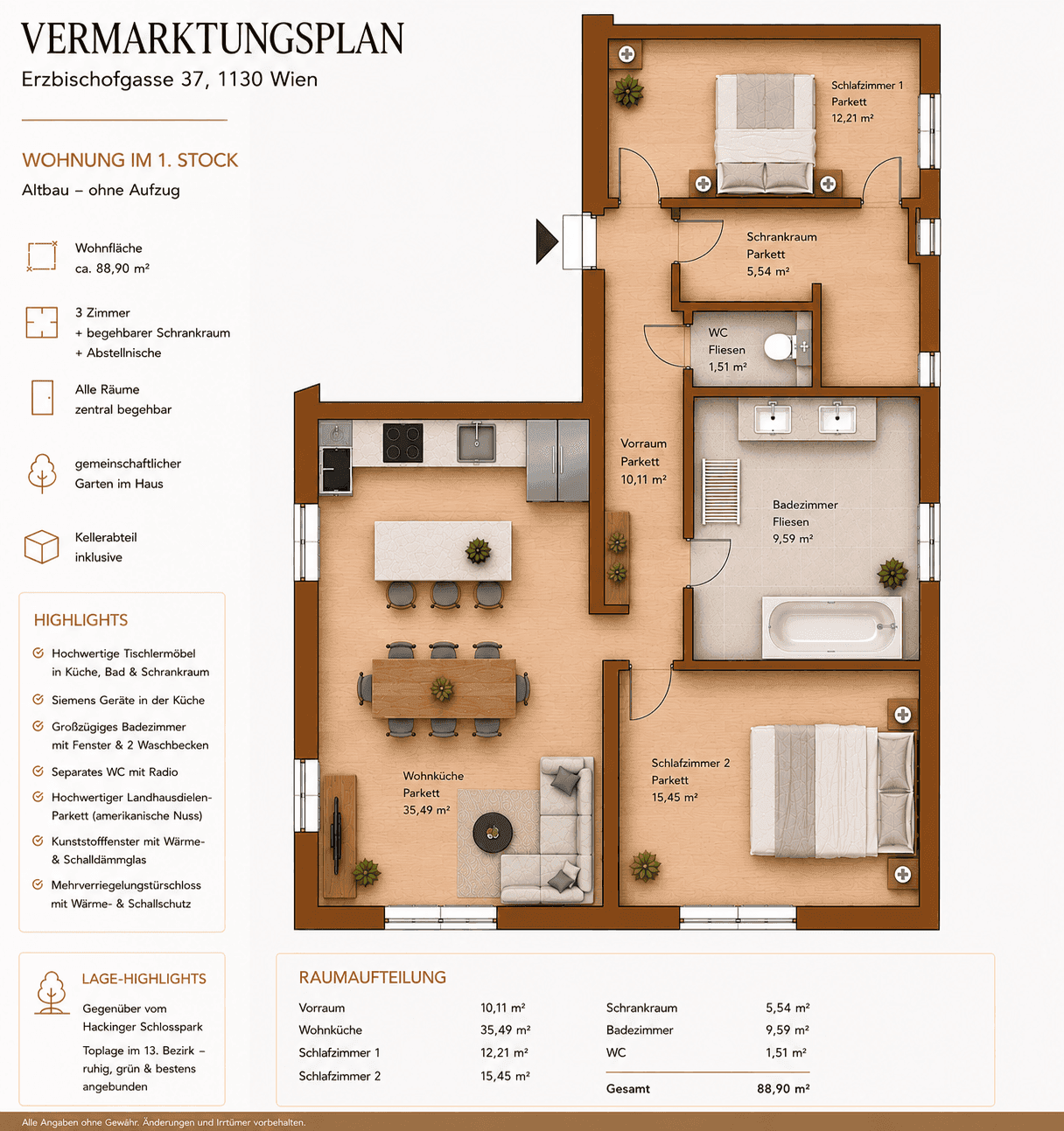 Detaillierter Vermarktungsplan einer Wohnung mit zwei Schlafzimmern, Wohnküche und Bad, möbliert dargestellt.