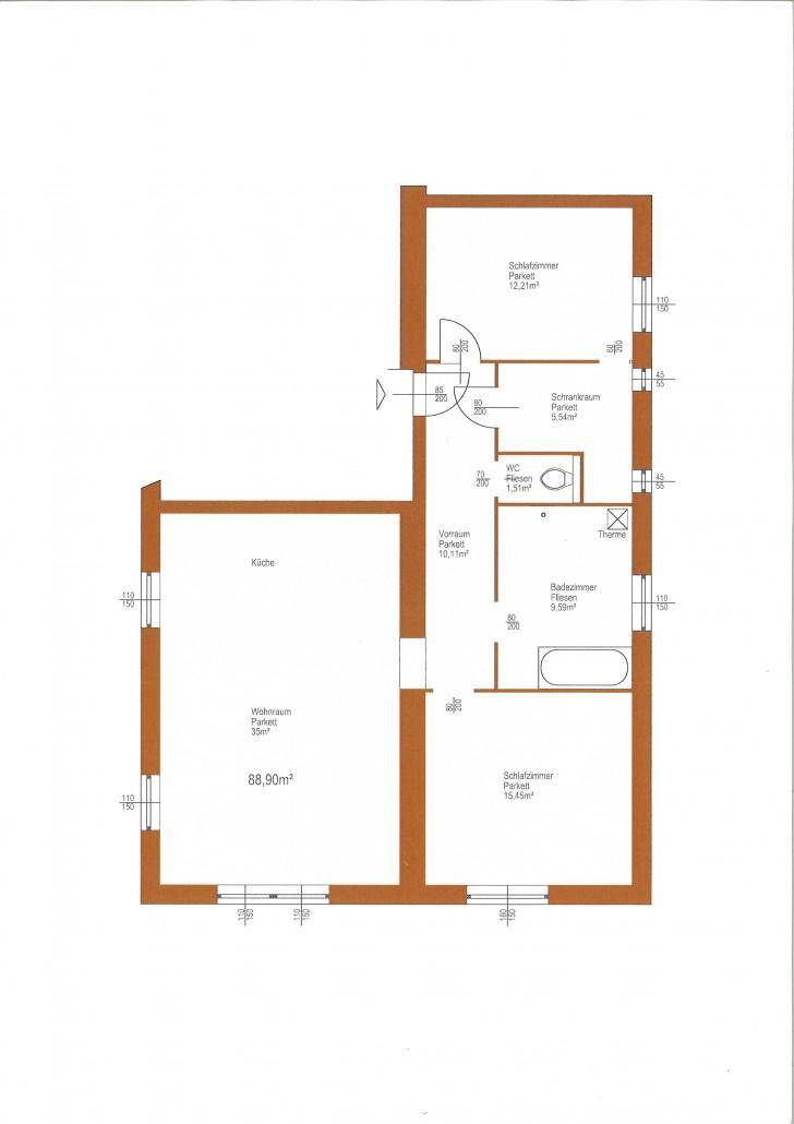 Grundriss einer Wohnung mit zwei Schlafzimmern, Wohnraum, Küche und Bad, inklusive Maße.