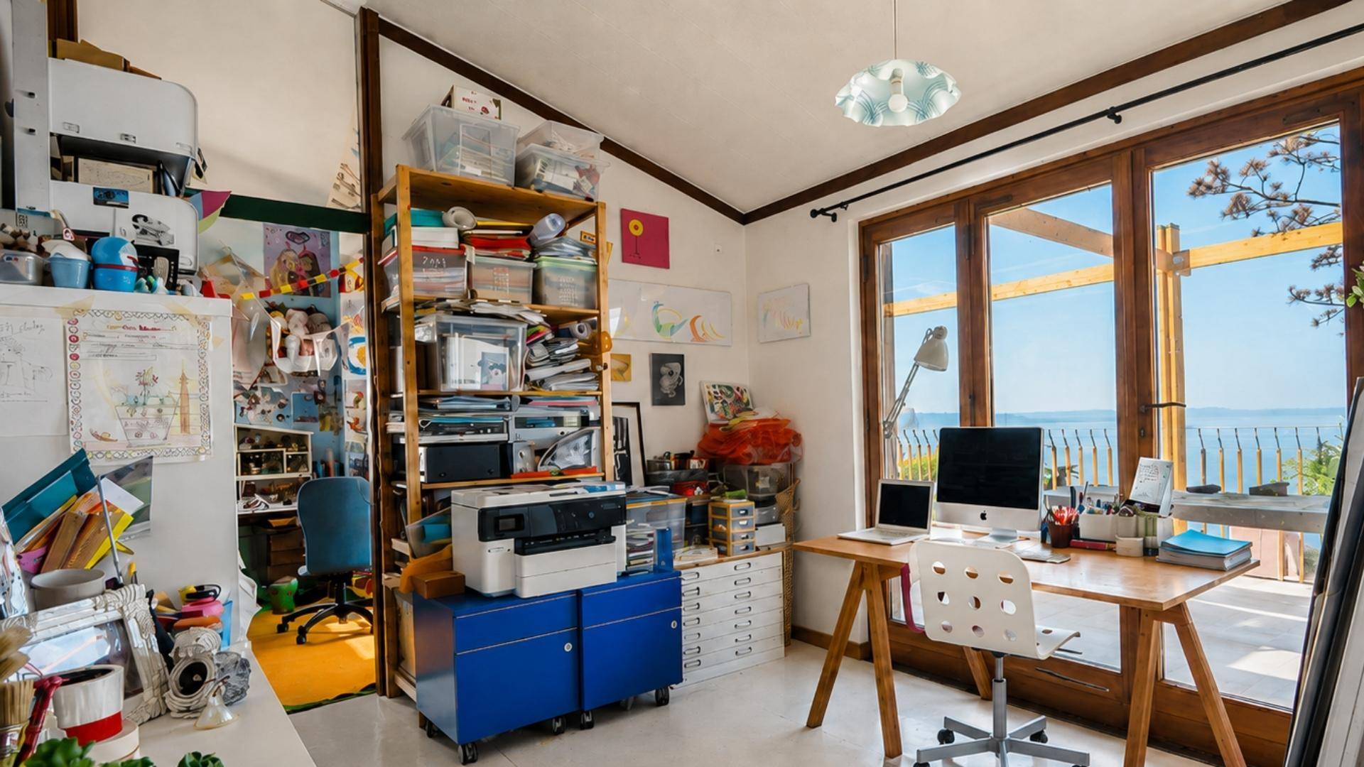 Helles Arbeitszimmer mit Schreibtisch, Meerblick und direktem Zugang zur sonnigen Terrasse.