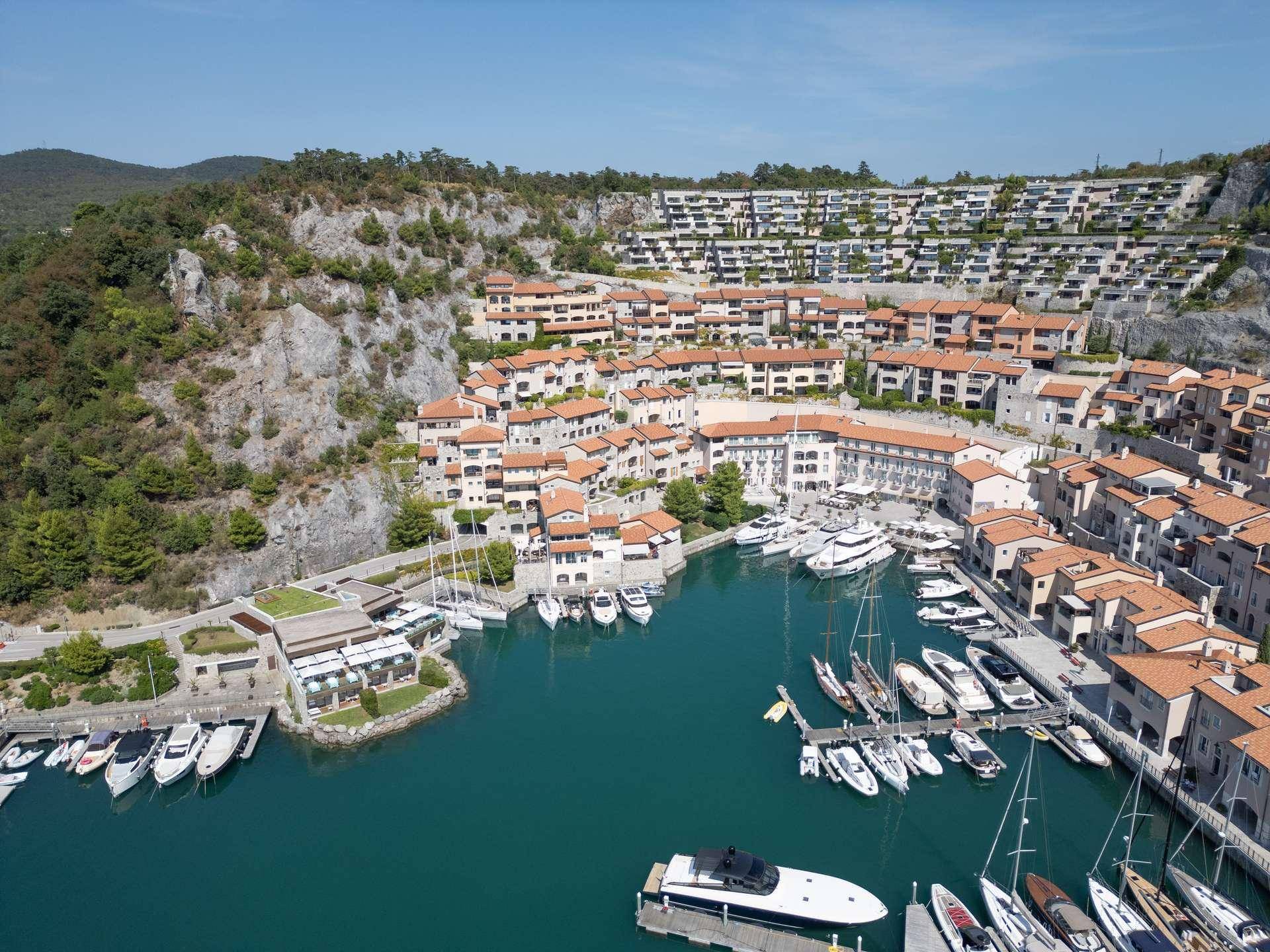 Luftaufnahme einer malerischen Küstenstadt mit Hafen und vielen Booten.
