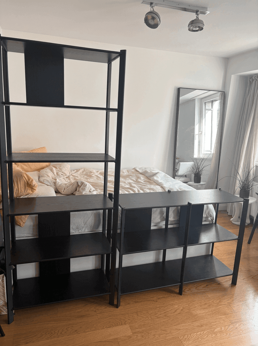 Schlafzimmer mit Holzboden, einem Bett im Hintergrund und zwei schwarzen offenen Regalen im Vordergrund.