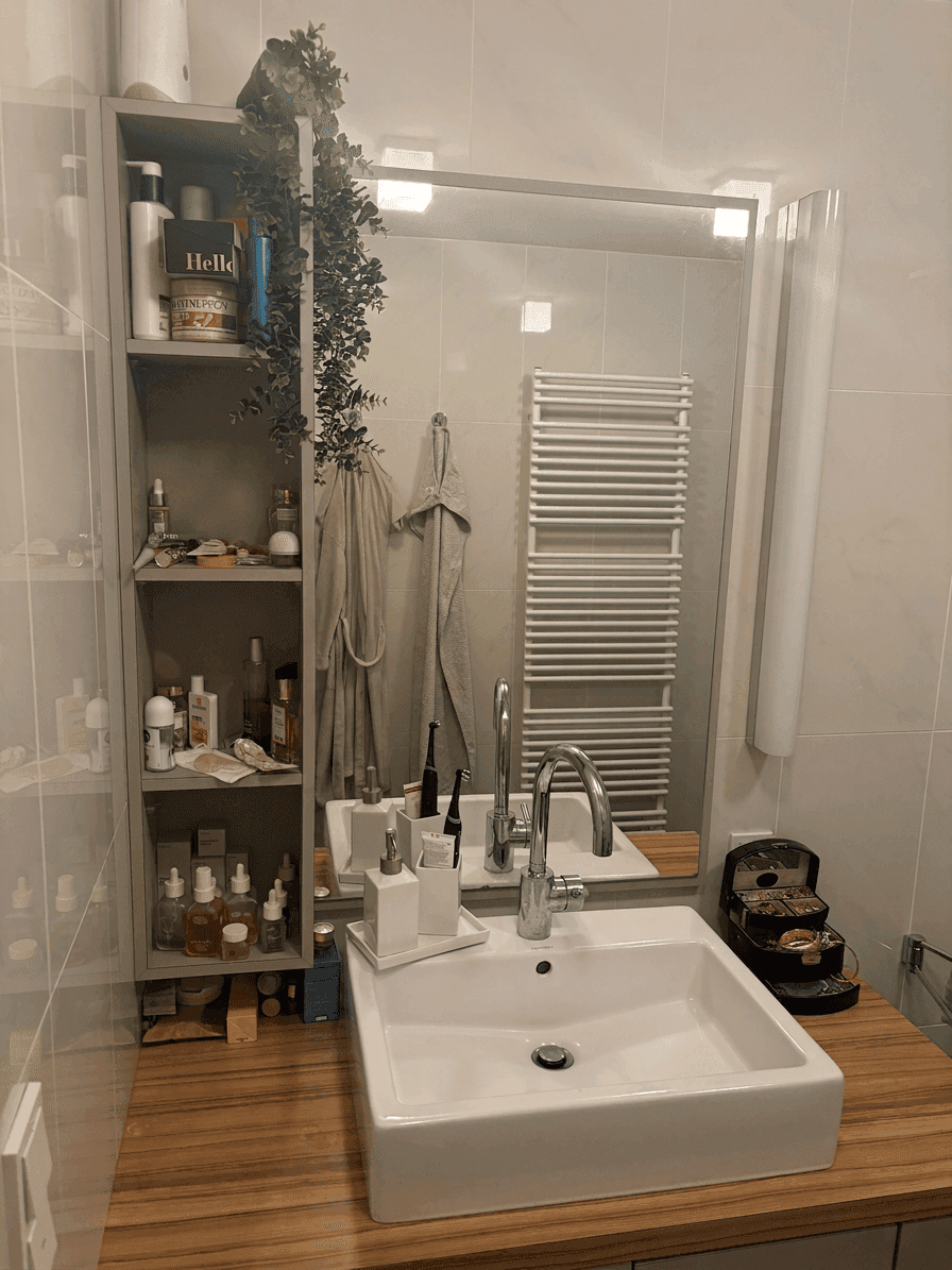 Modernes Badezimmer mit quadratischem Waschbecken, Holzwaschtisch, großem Spiegel und beheiztem Handtuchhalter.