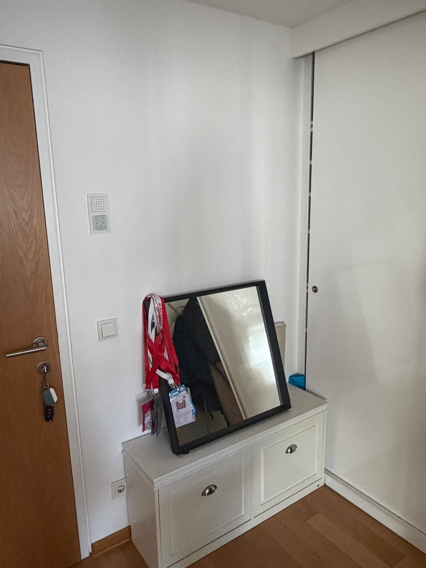 Eingangsbereich mit Holztür, einem kleinen weißen Schrank mit Spiegel und einem Einbauschrank.