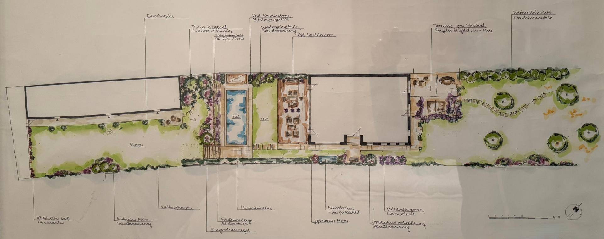 Detaillierter Gartenplan mit Pool, Terrasse und verschiedenen Pflanzbereichen für eine umfassende Gestaltung.