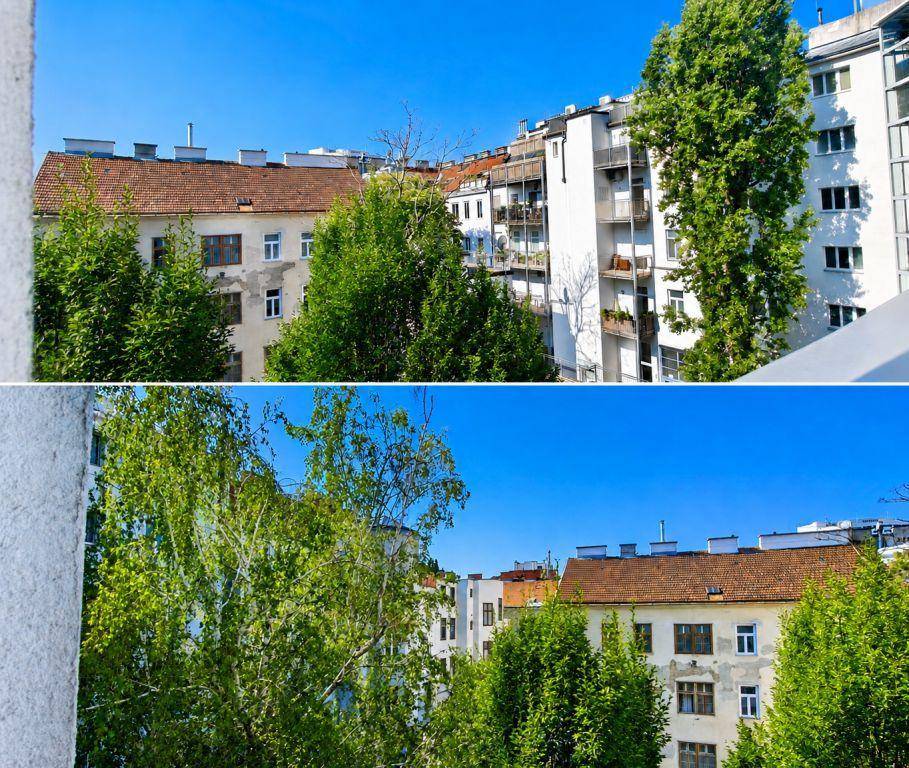 Ausblick auf grüne Bäume und umliegende Gebäude aus dem Fenster der Wohnung.