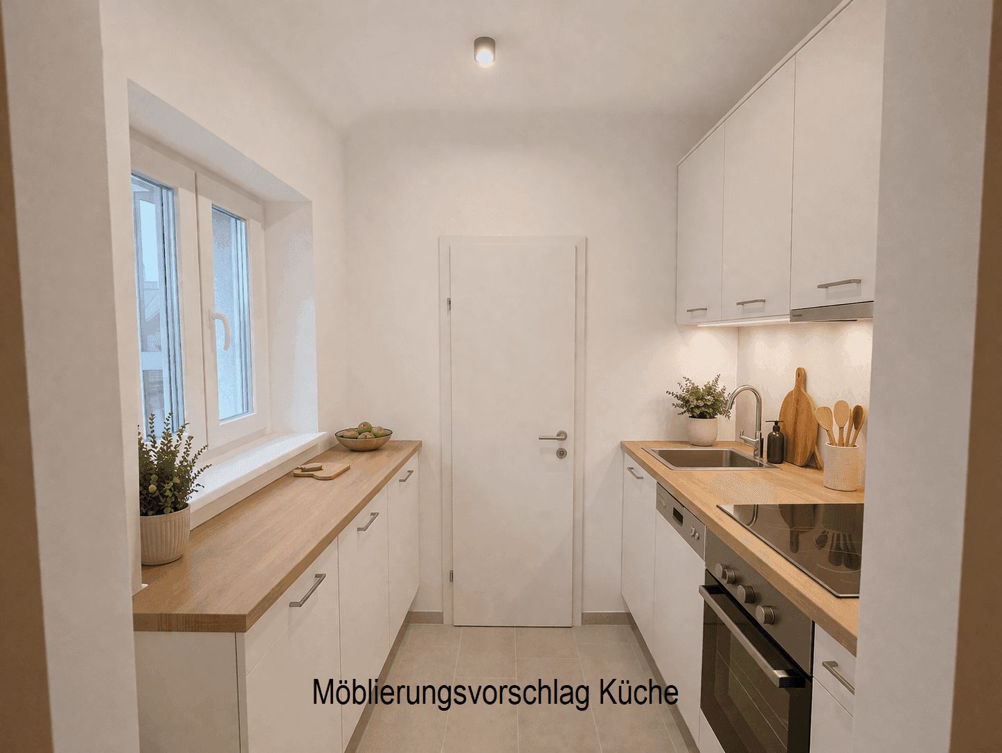 Moderner Küchenvorschlag mit weißen Schränken, Holzarbeitsplatten und integrierten Geräten.