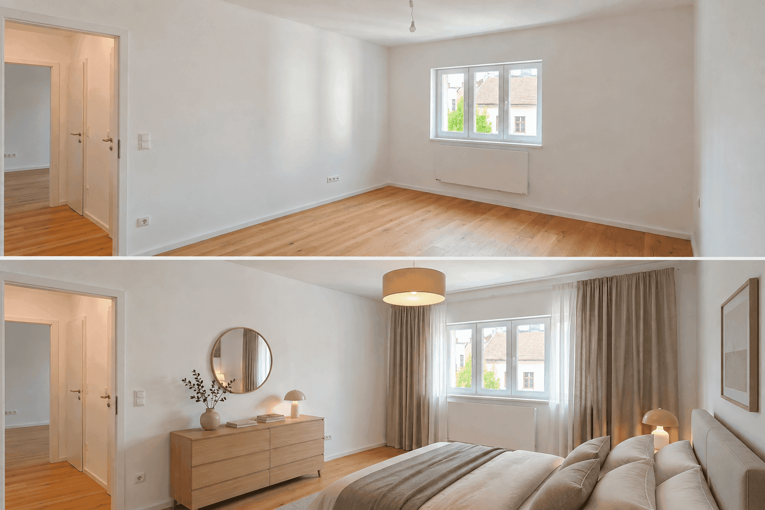 Visualisierung eines Schlafzimmers mit modernem Interieur und Blick aus dem Fenster.