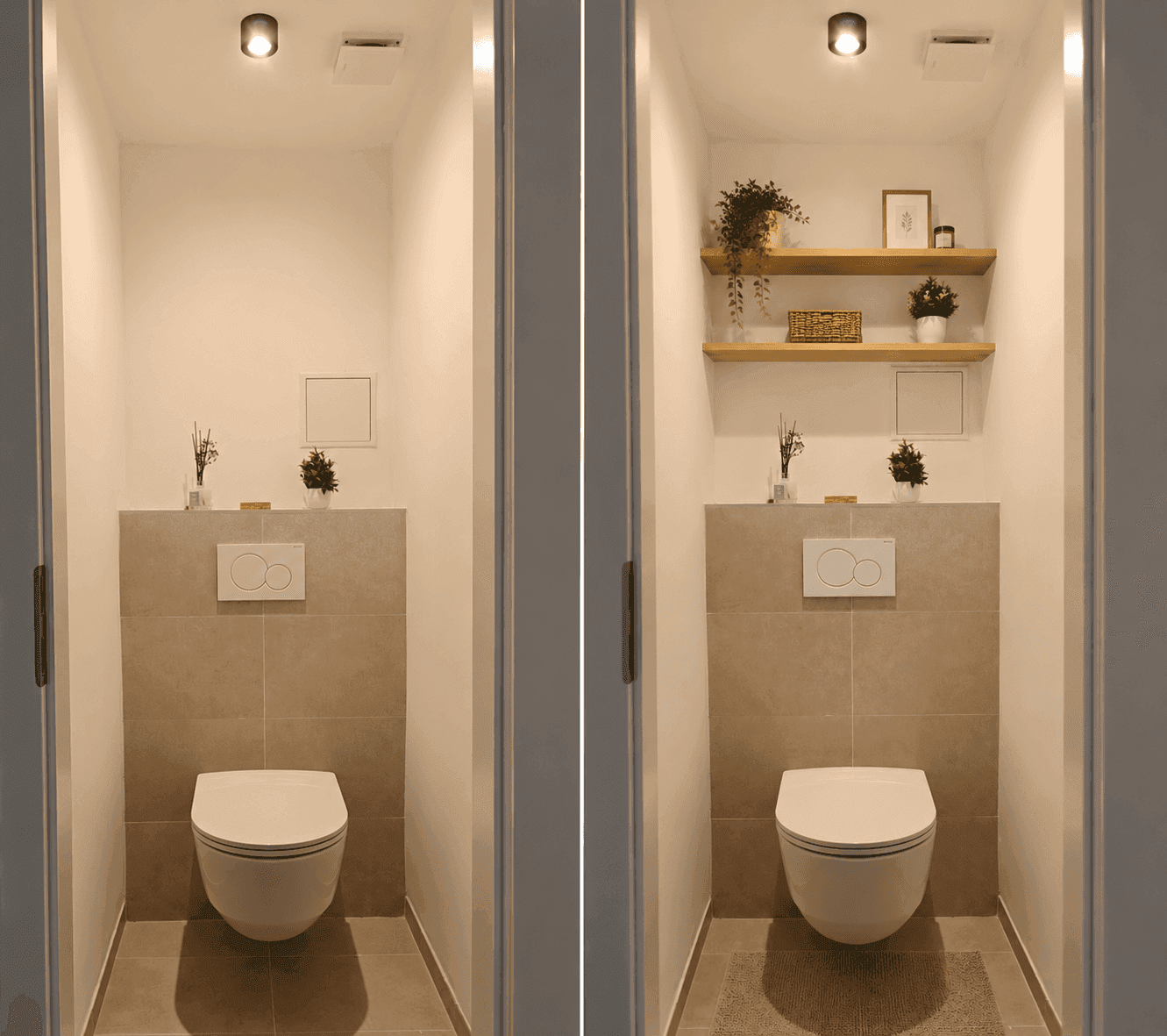 Gäste-WC mit wandhängender Toilette und praktischen Ablageflächen über dem Spülkasten.