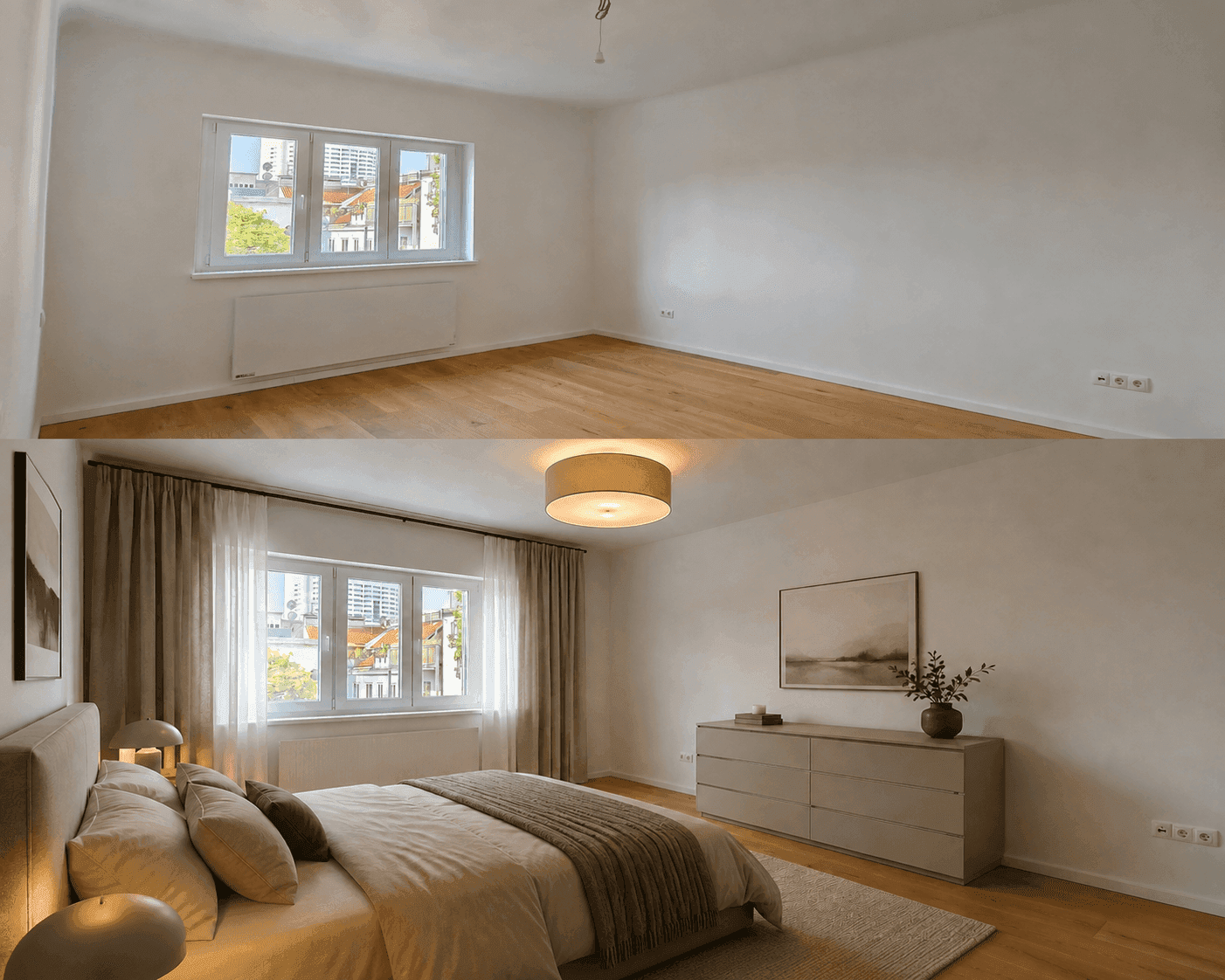Virtuell möbliertes Schlafzimmer mit großem Bett, Kommode und hellem Holzboden.