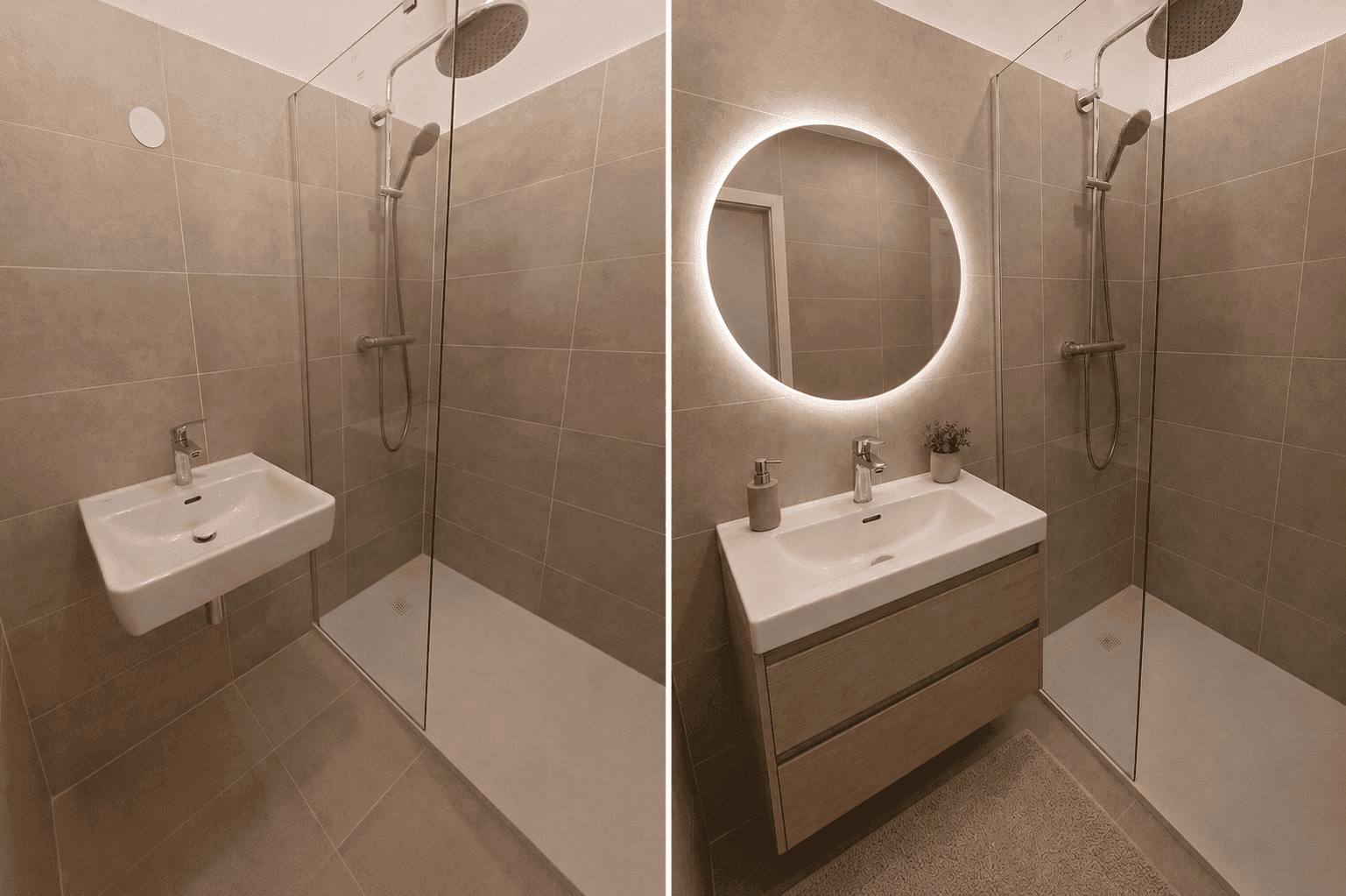 Modernes Badezimmer mit begehbarer Dusche und stilvollem Waschtisch mit beleuchtetem Spiegel.