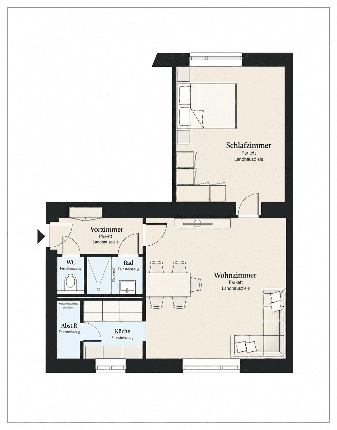 Grundriss einer Wohnung mit Schlafzimmer, Wohnzimmer, Bad, WC und Küche.