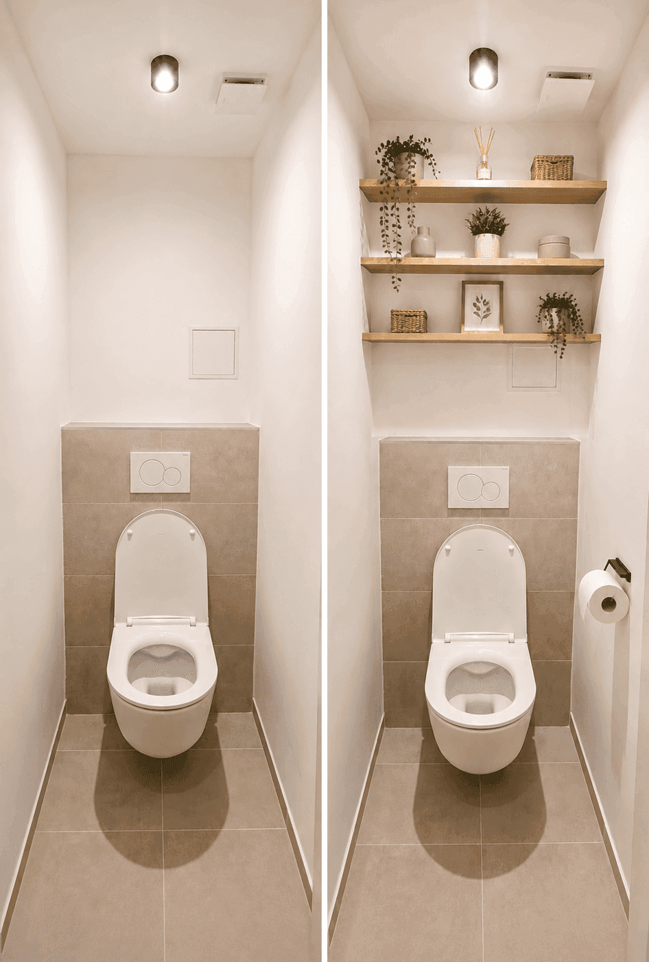 Gäste-WC mit wandhängender Toilette und modernen Fliesen, mit und ohne Dekoration.