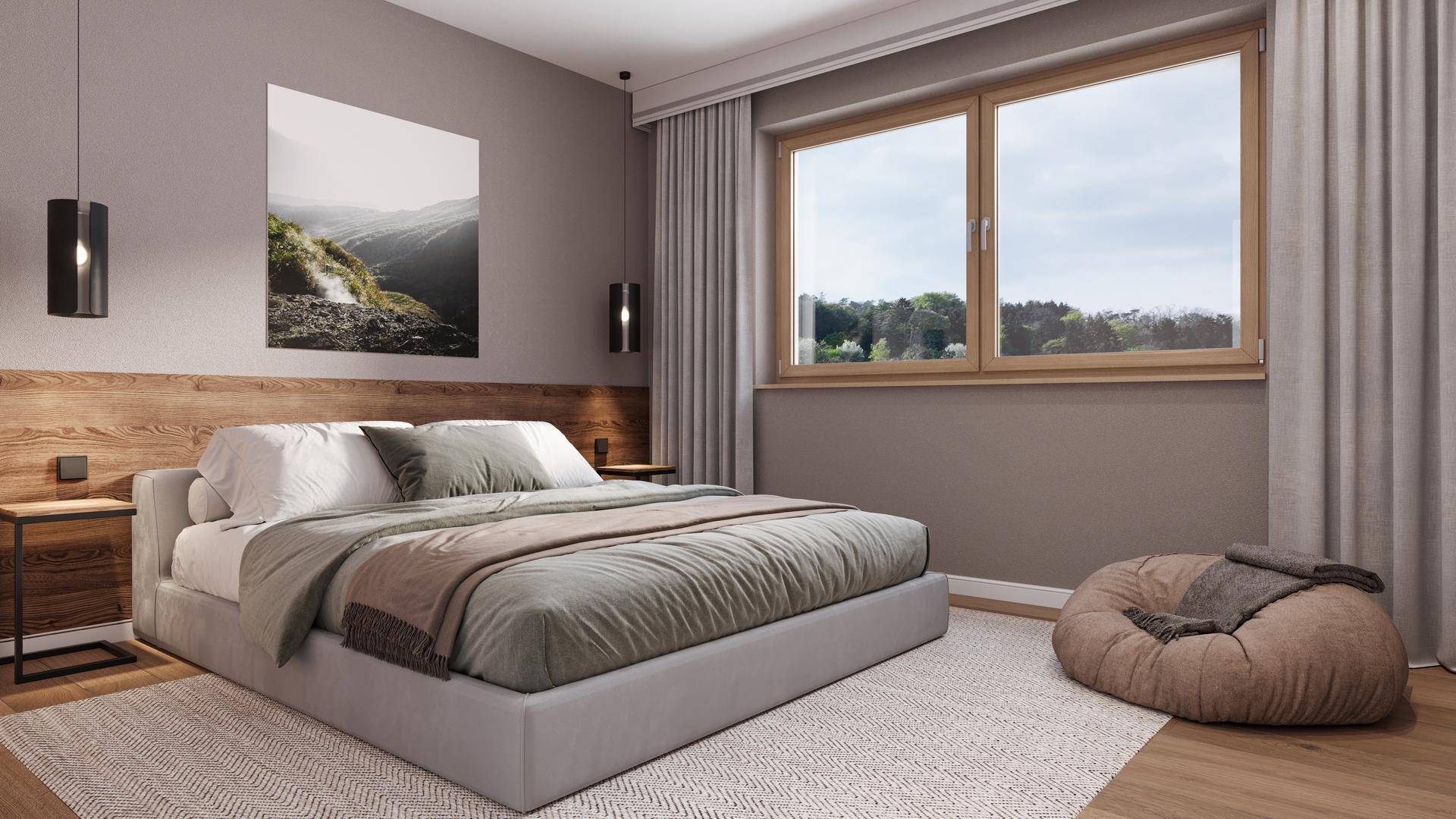 Modernes Schlafzimmer mit großem Bett, Holzkopfteil und Fenster mit Blick ins Grüne.