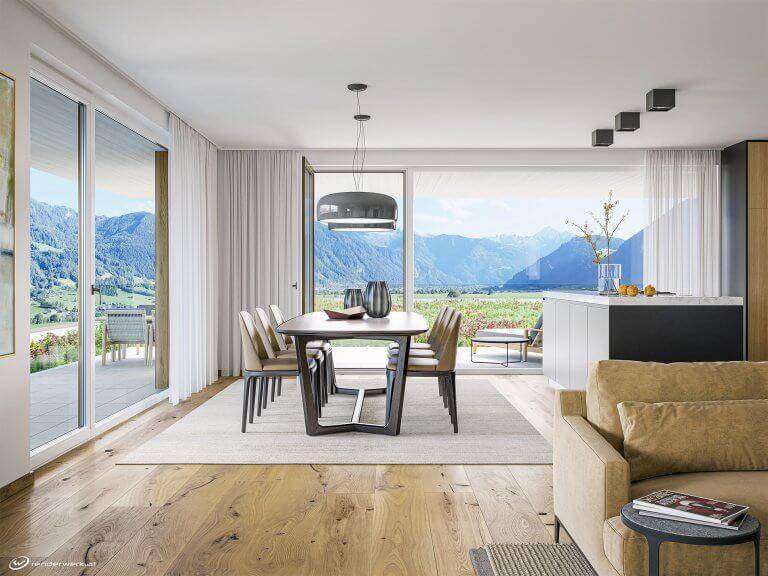 Lichtdurchfluteter Wohn-Essbereich mit Holzboden, modernem Esstisch und beeindruckendem Bergblick.