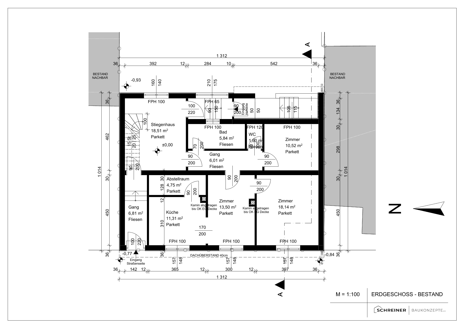 Grundriss des Erdgeschosses mit verschiedenen Zimmern, Bad und WC.