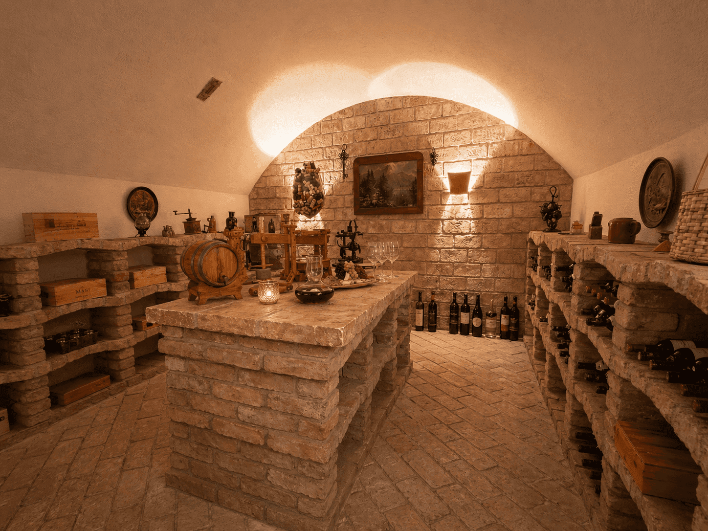 Rustikaler Weinkeller mit Steinwänden, Gewölbedecke und traditionellen Weinregalen.