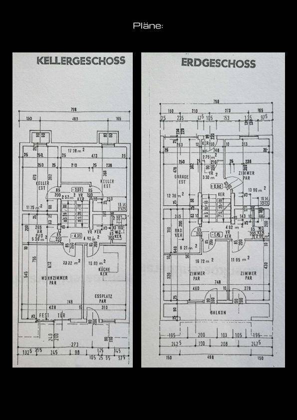Grundrisse von Keller- und Erdgeschoss mit Wohnzimmer, Küche und Balkon.