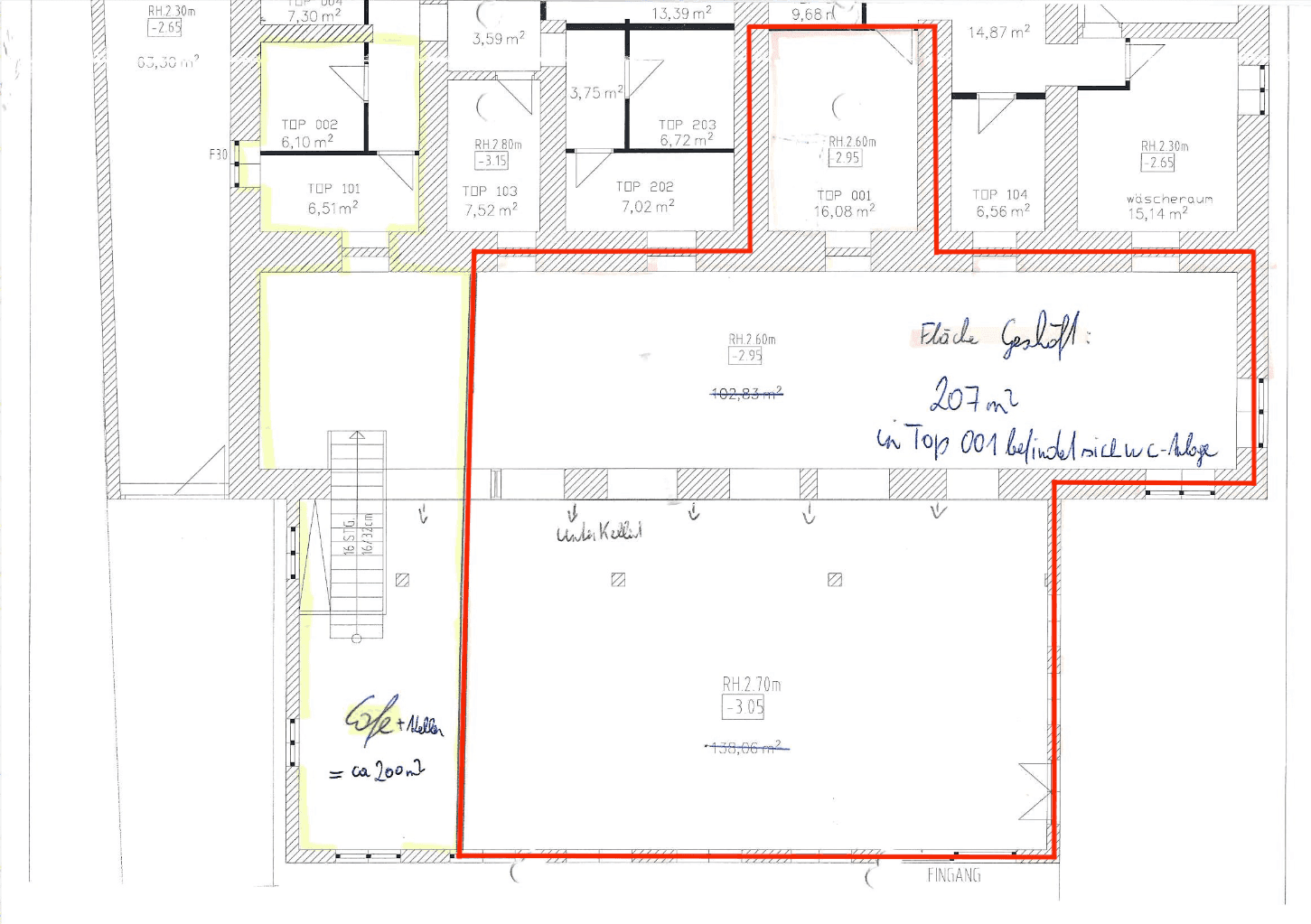 Grundrissplan mit rot markiertem Bereich, der eine Fläche von 207m² für ein Geschäft zeigt.