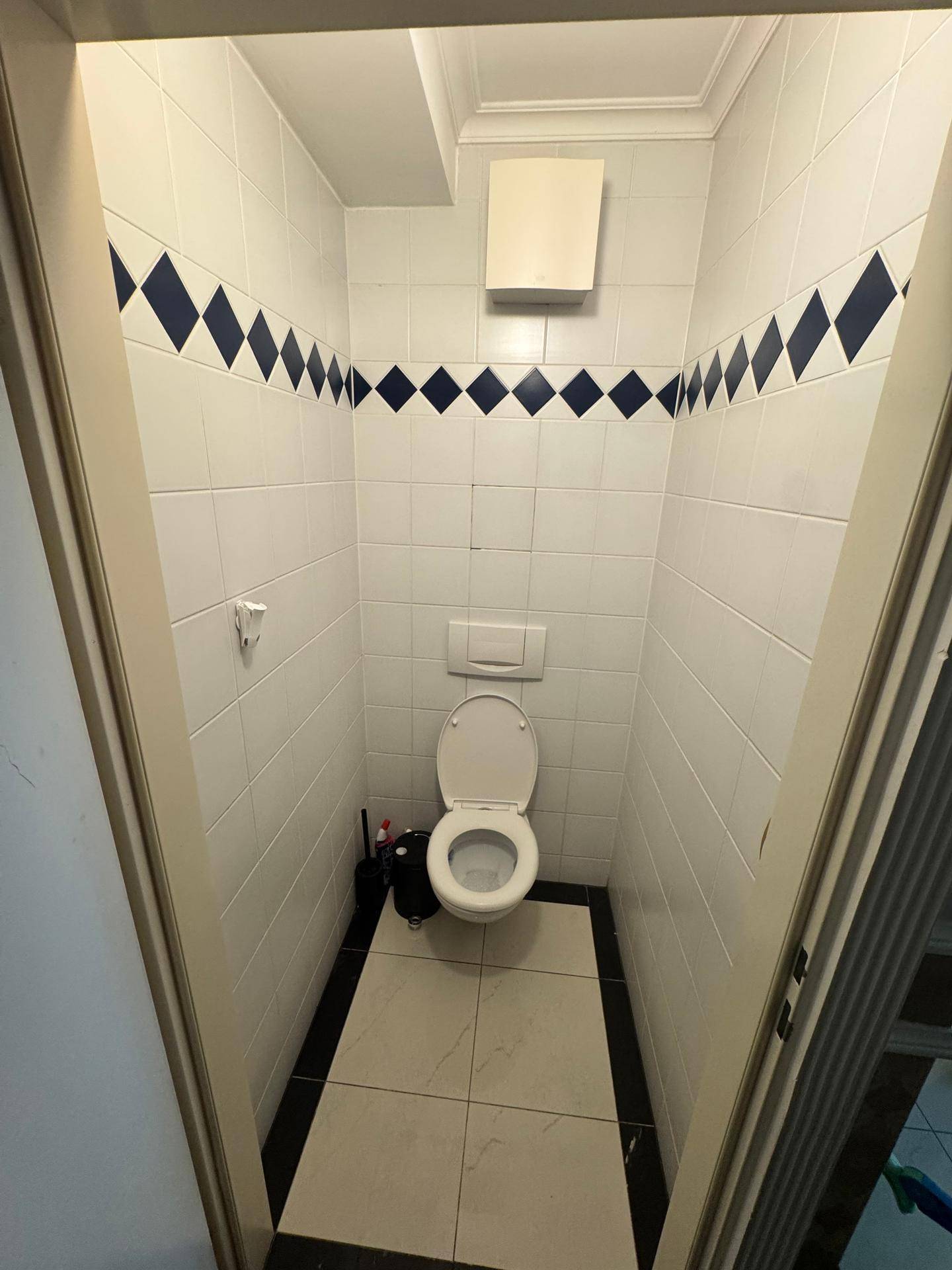 Kleines Gäste-WC mit weiß-blauen Fliesen und wandhängendem WC.