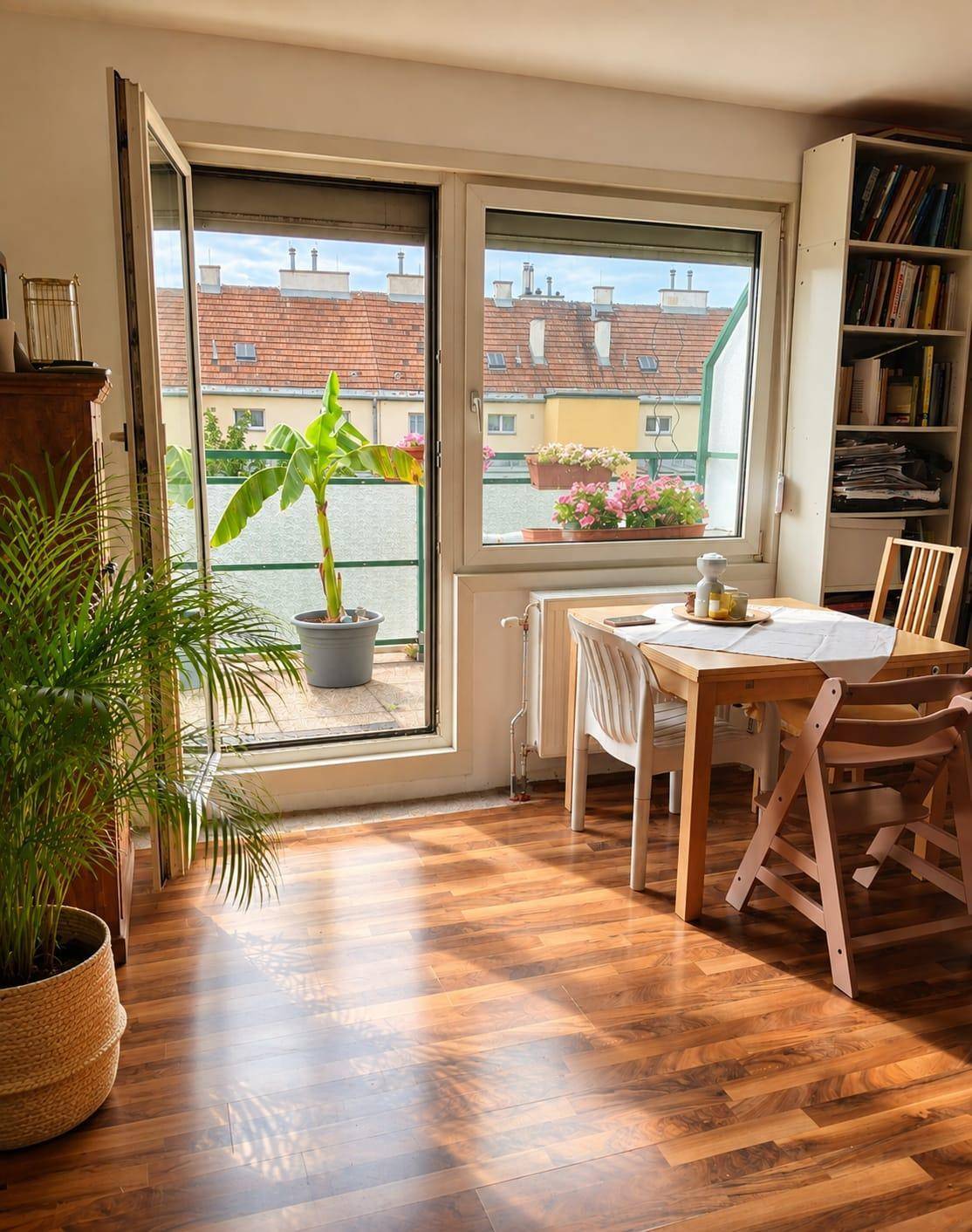 Heller Essbereich mit Holzboden, Bücherregal und Zugang zu einem sonnigen Balkon mit Pflanzen.