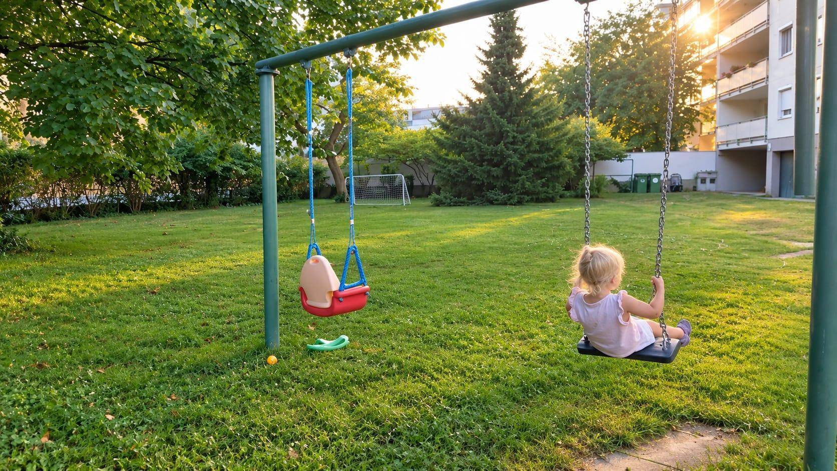 Grüner Spielplatz mit Schaukeln und Rasenfläche, umgeben von Bäumen, ideal für Kinder.