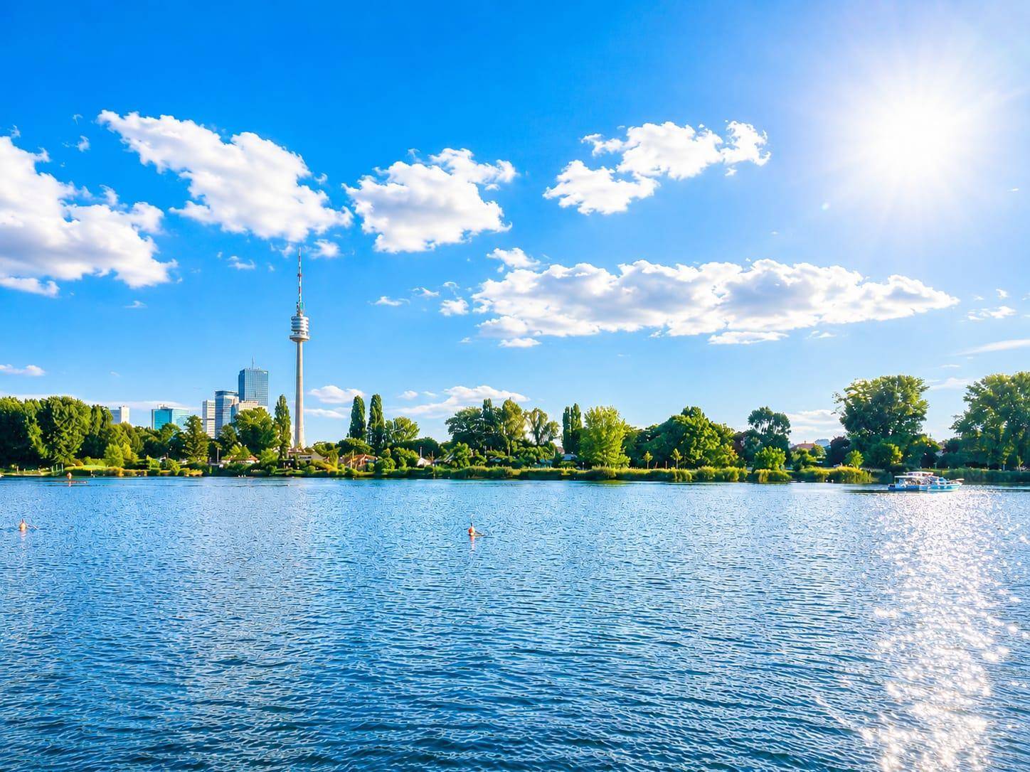 Weitläufiger Seeblick mit Stadtpanorama und Donauturm unter strahlend blauem Himmel.