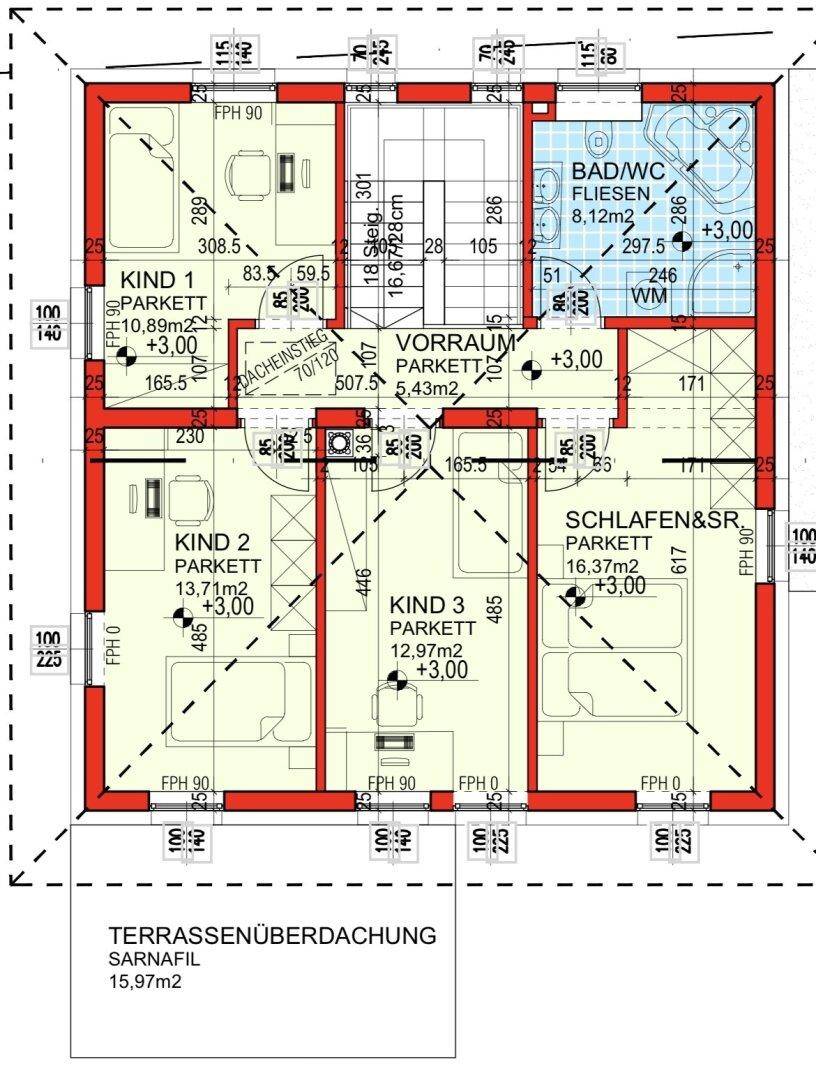 Grundriss zeigt eine Wohnung mit vier Schlafzimmern, einem Badezimmer und einer überdachten Terrasse.