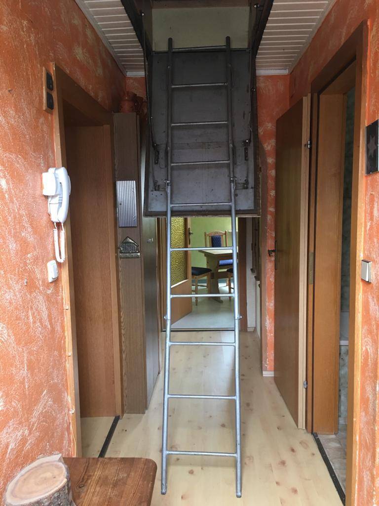 Flur mit ausziehbarer Dachbodenleiter, strukturierten orangefarbenen Wänden und Holzboden.