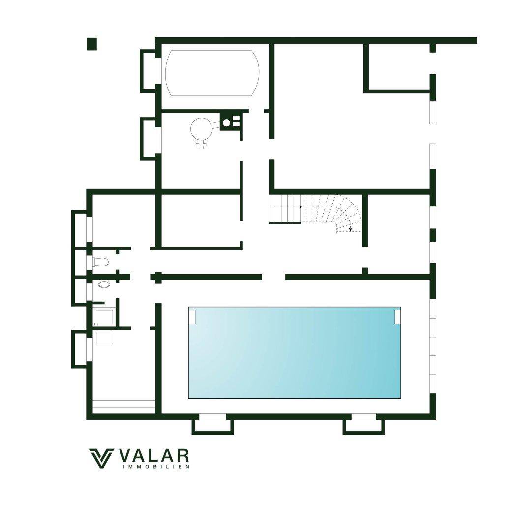 Grundriss des Untergeschosses mit integriertem Pool, Badezimmer und Treppenhaus.