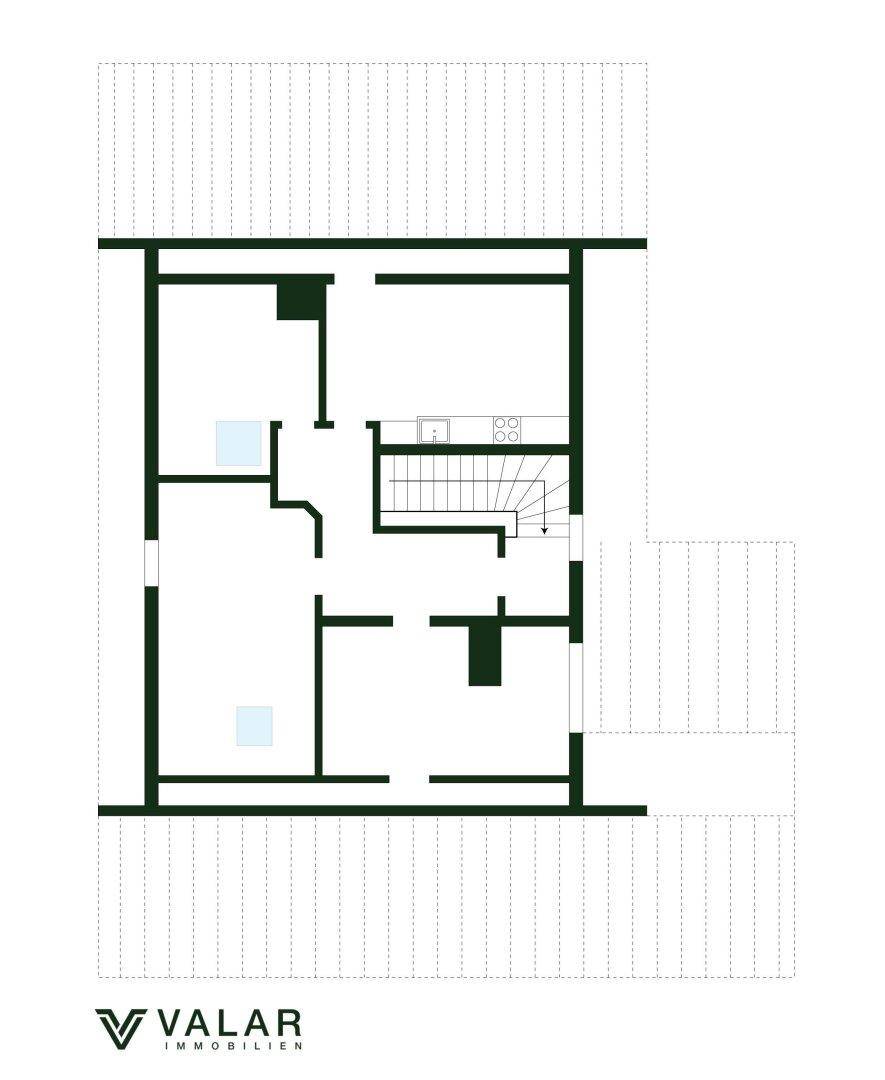 Grundriss des Dachgeschosses mit Schrägen, Treppenhaus und weiteren Räumen.