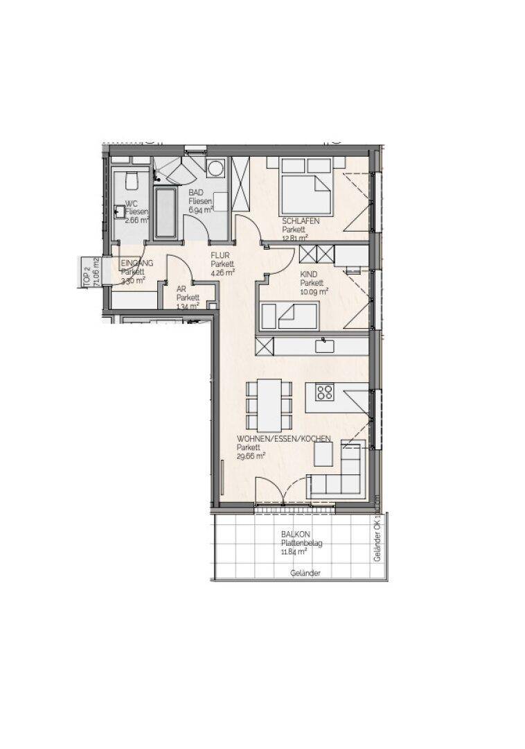 Grundriss einer Wohnung mit drei Zimmern, offenem Wohnbereich und einem Balkon.