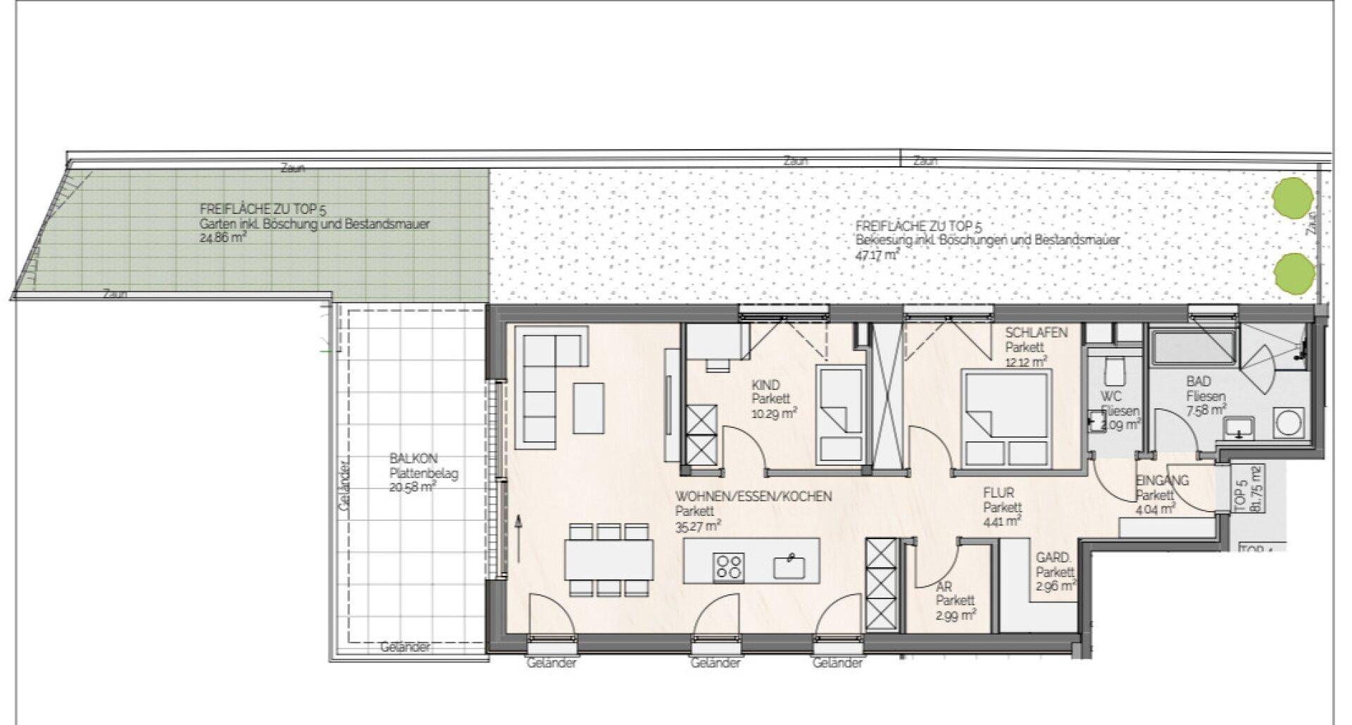 Detaillierter Grundriss einer Wohnung mit offenem Wohnbereich, zwei Schlafzimmern und Balkon.