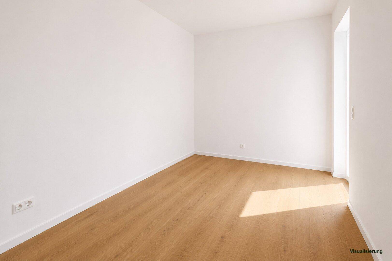 Ruhiges, helles Zimmer mit Holzboden und weißen Wänden, ideal als Schlaf- oder Arbeitszimmer.