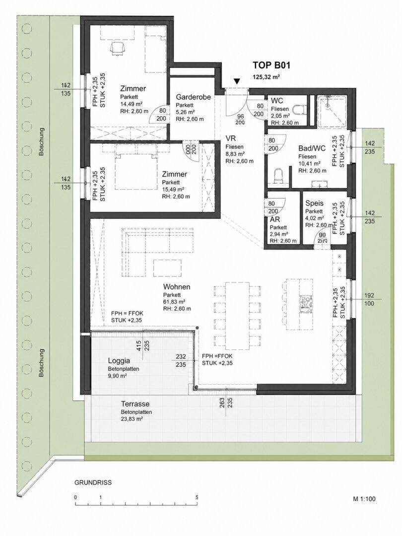 Grundriss einer Wohnung mit drei Schlafzimmern, offenem Wohnbereich, separatem WC, Loggia und großer Terrasse.