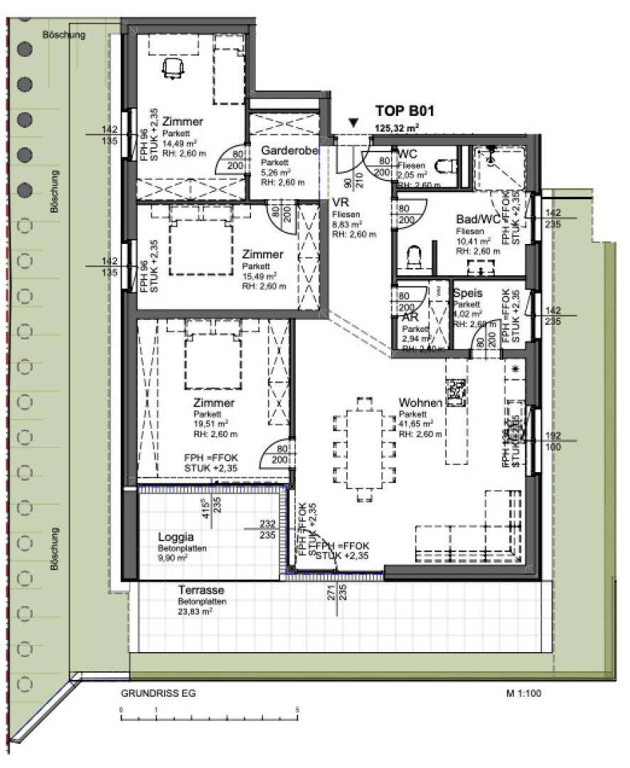 Grundriss der Wohnung TOP B01 mit drei Zimmern, Loggia und großer Terrasse.